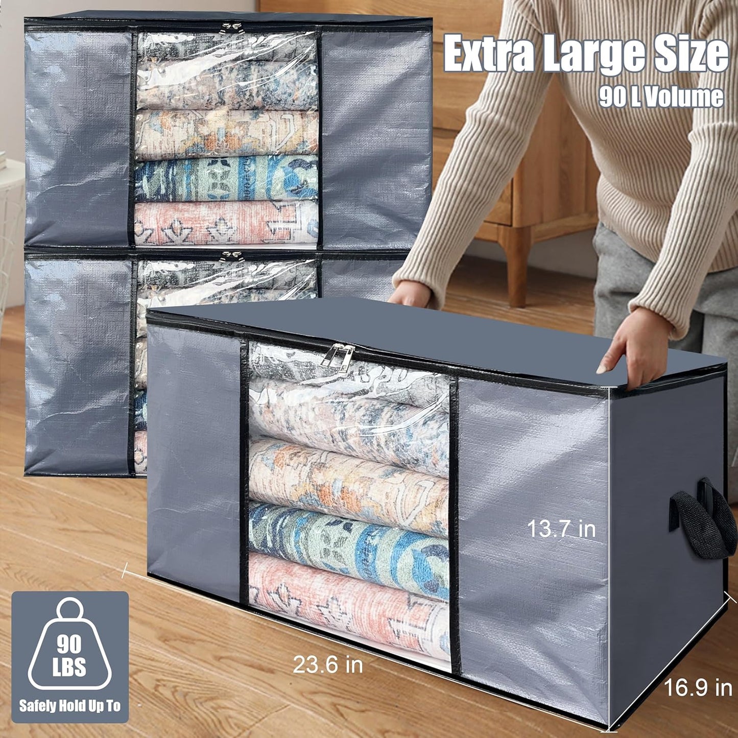 Cosy Family 6 Pack 90L Heavy Duty Extra Large Moving Bags with Reinforced Handle - Strong Handles & Zippers, Storage Totes For Space Saving, Fold Flat, Alternative to Moving Box, Grey