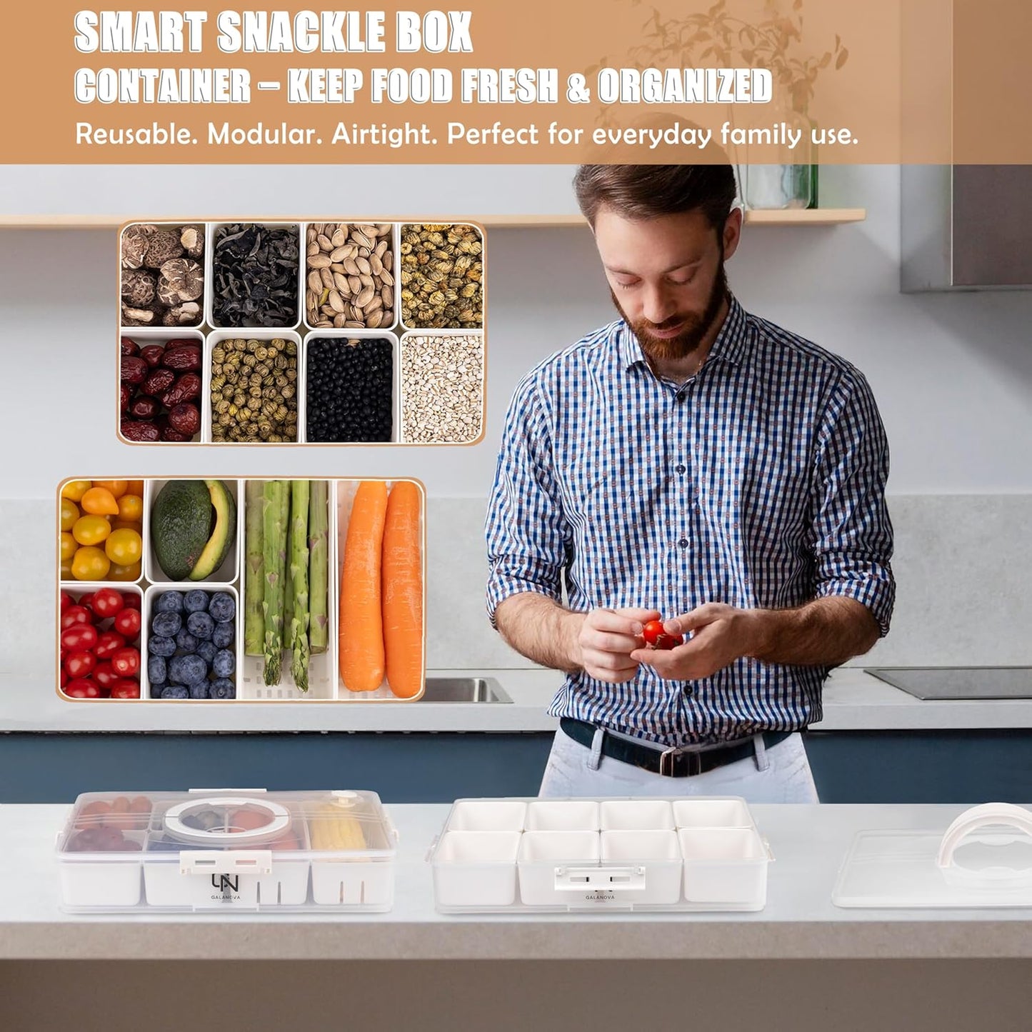 Stackable Snackle Box Container with 2 Lids, 14 Compartments - BPA-Free Snackle box Organizer, Dishwasher & Microwave Safe Reusable Snacklebox for Veggies, Fruits, Charcuterie, Snacks (White, 2 Pack)