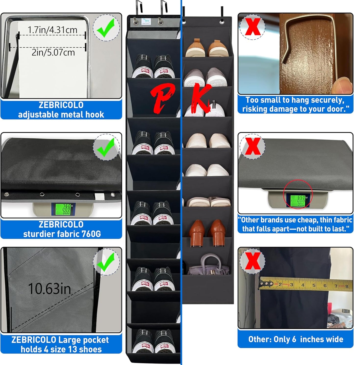 [Improve Over The Door Shoe Organizer, Extra Large 10 Tiers, Over Door Shoe Organizer, Coated Hooks Grip Firmly Without Scratching Paint, 75LB, Door Shoe Rack, Dark Black
