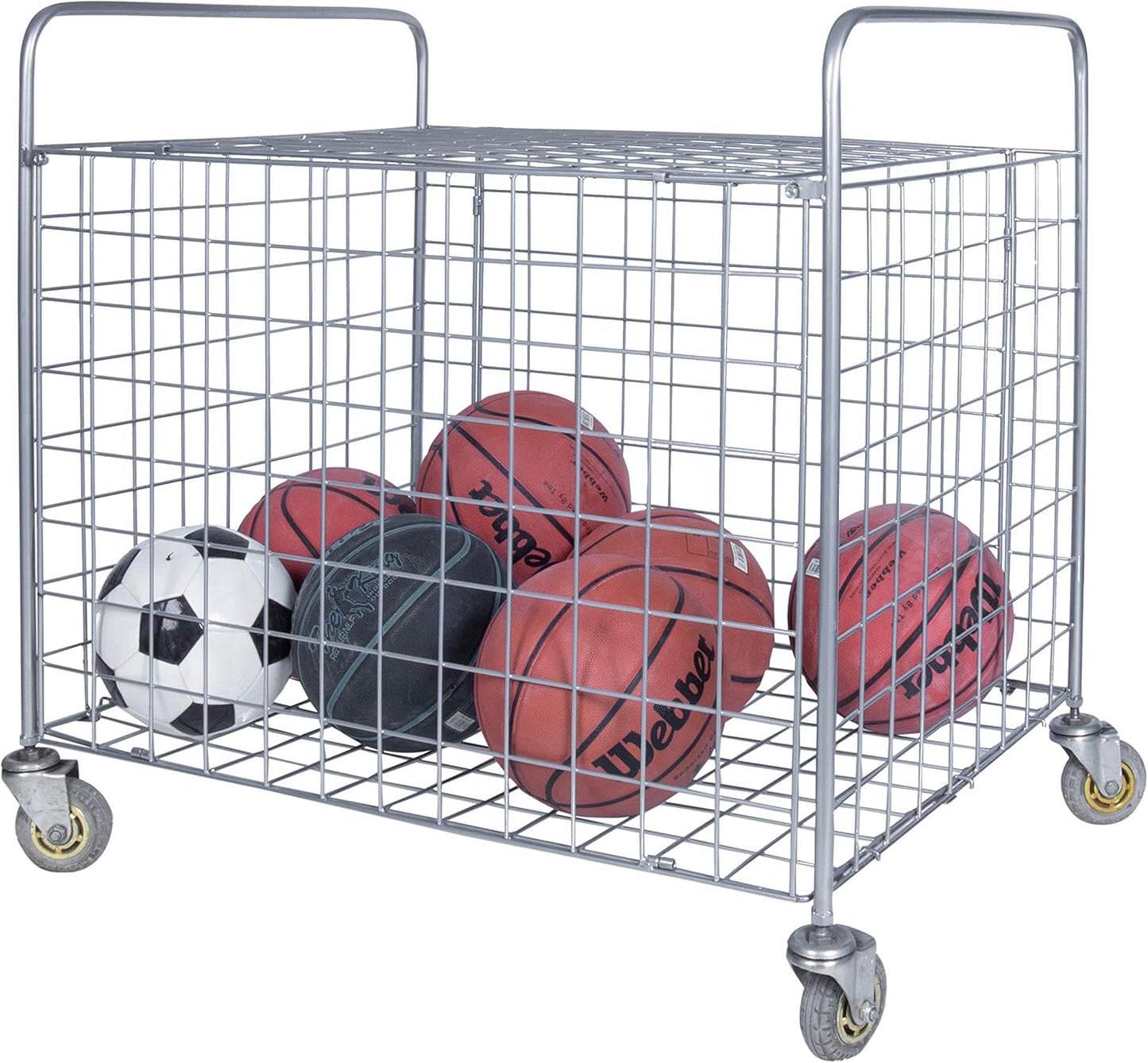 MyGift Professional Gym Metal Multi Sports Ball Storage Cart with Jumbo Industrial Wheels, Commercial Grade Portable Equipment Locker Cage for Basketball, Football, Soccer, Volleyball