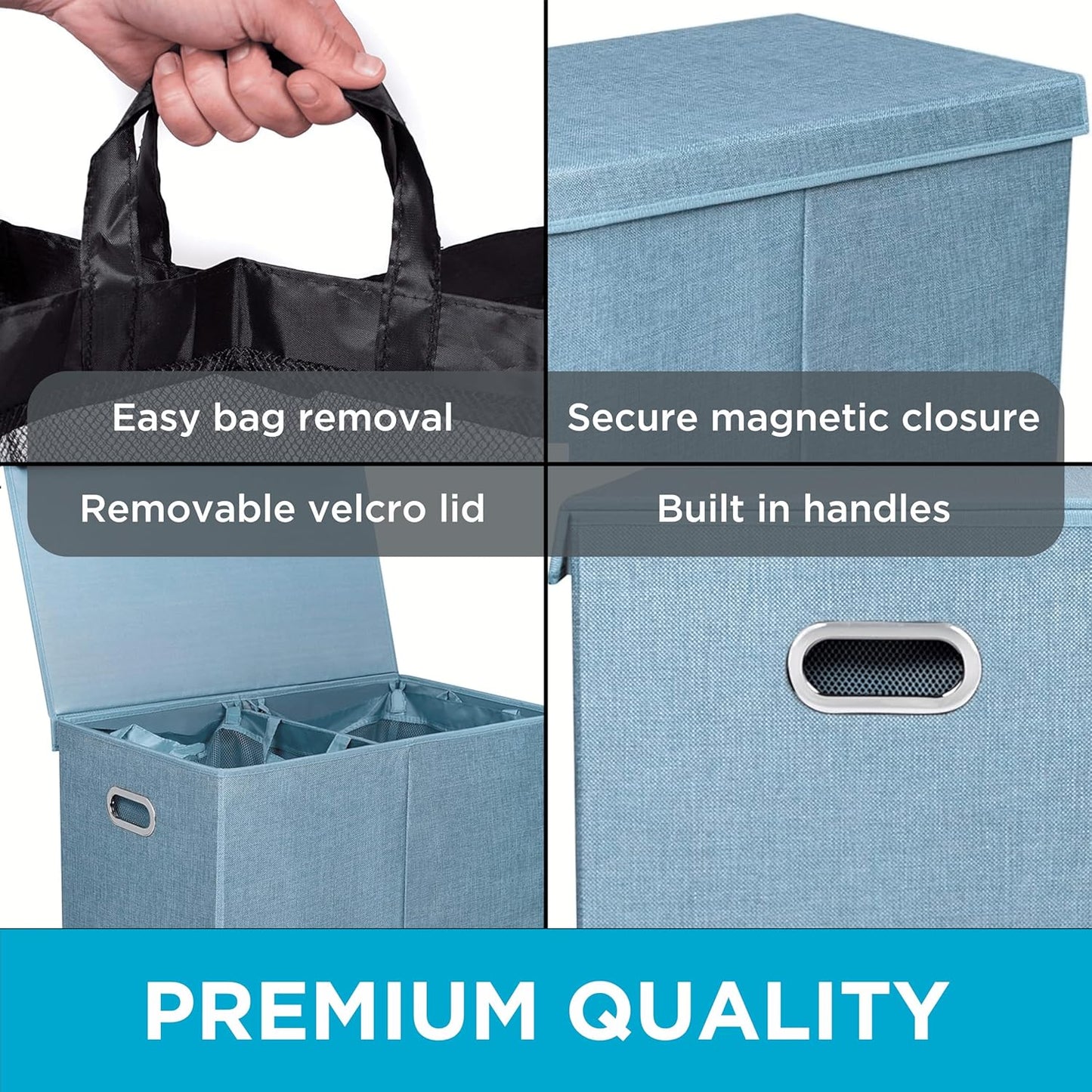 BIRDROCK HOME Laundry Hamper with Lid | Removable Bags for Sorting Clothes | Sectioned Laundry Basket for Bedroom & Bathroom | Collapsible Storage Bin with Cover | Double, Light Blue