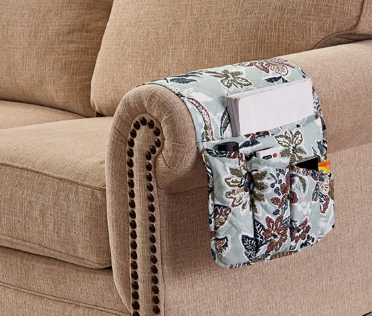 Brilliant Sunshine Vintage Beautiful Green Flowers Couch Armrest 5 Pockets Organizer, Slip Resistant Armchair Caddy, Washable Remote Controls Holder, Storage for Magazine, Tablet, iPad, 35×13", Green