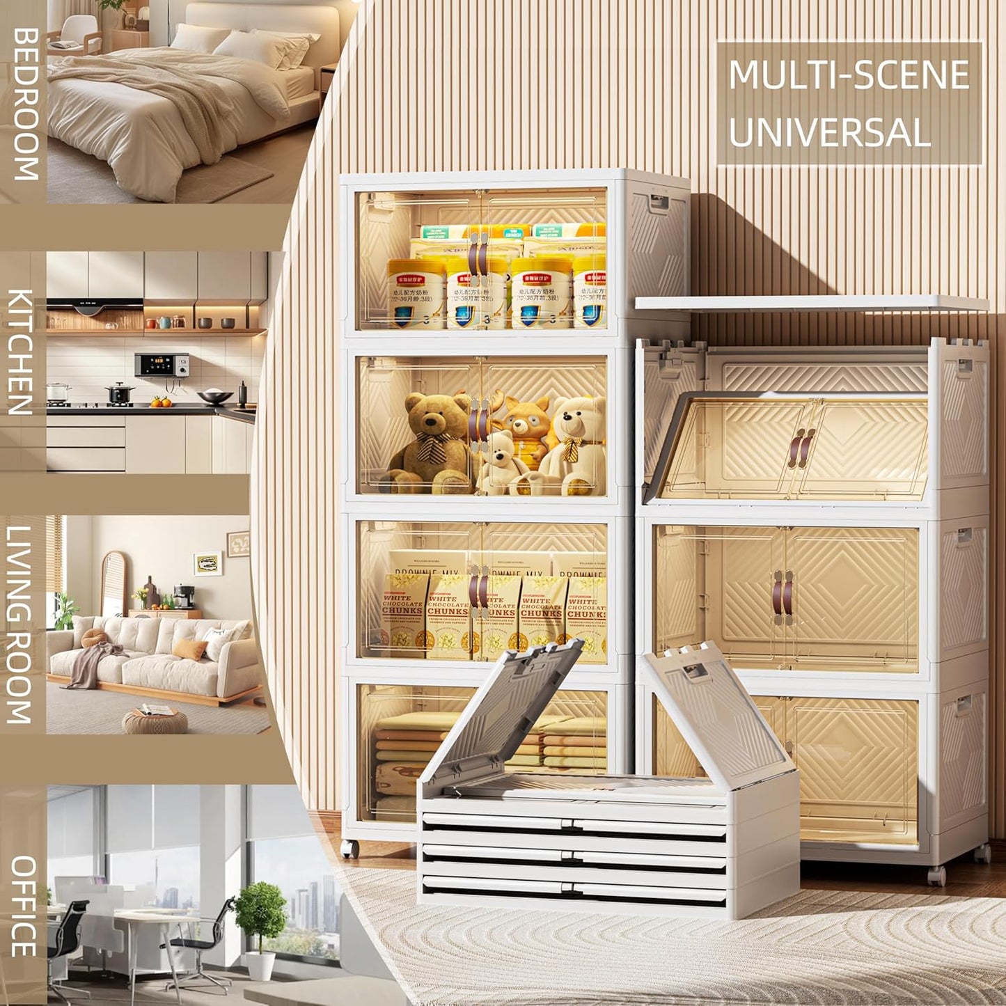 416 QT / 104 Gal Stackable Collapsible Storage Bins with Magnetic Doors & Wheels - Space-Saving Plastic Organizer Cabinet for Closet, Office, Home (White)