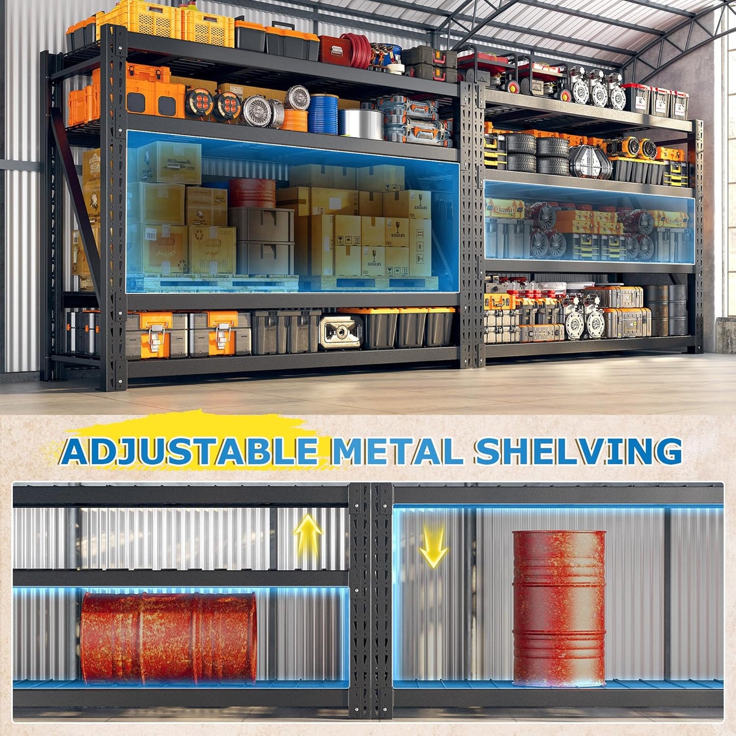 Bepatio 11000LBS Garage Shelving Heavy Duty Storage Shelves Adjustable 4-Tier Metal Shelving Uints Heavy Duty Industrial Shelves for Garage, Warehouse Basement Storage Room 24" D × 60" W × 72" H