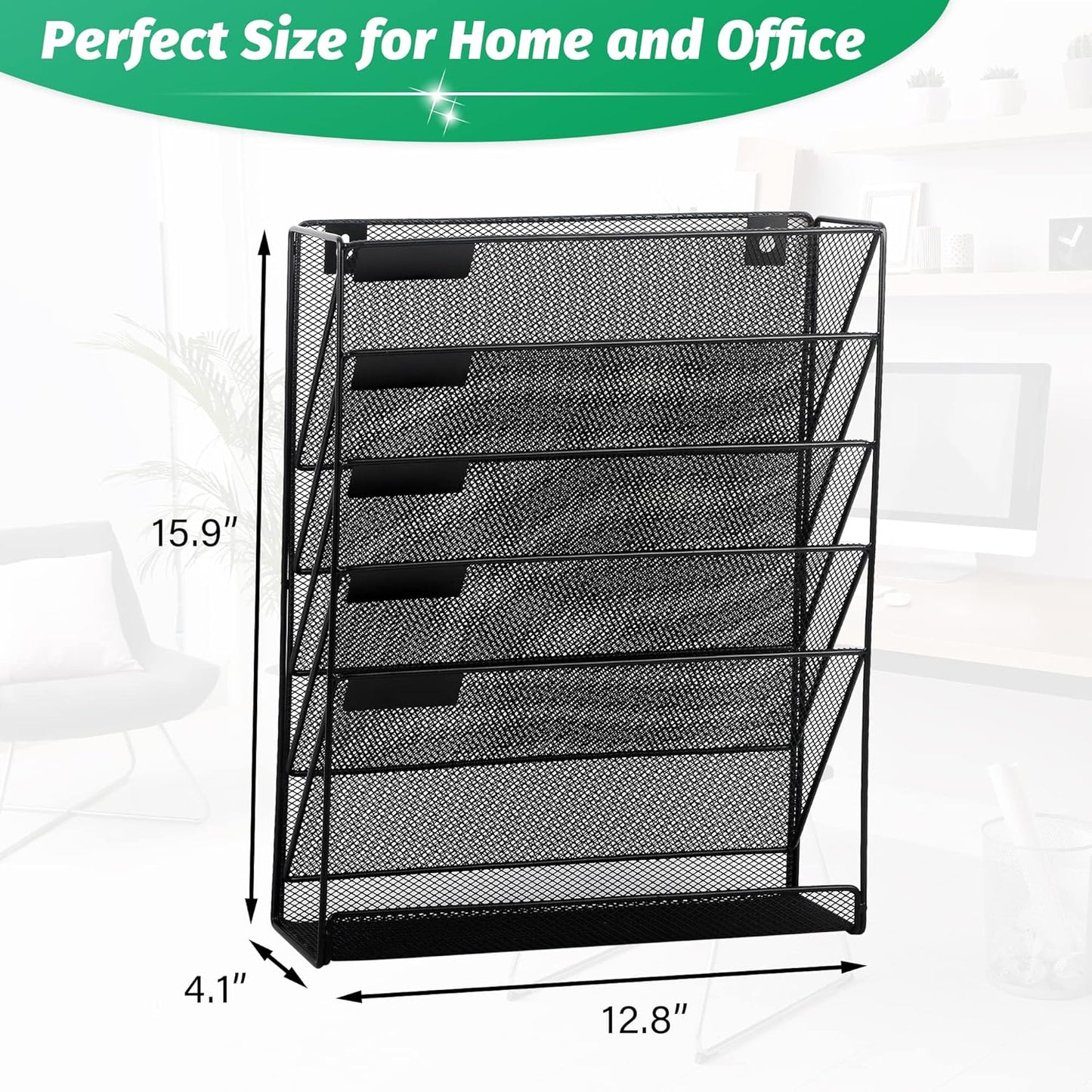 EASEPRES Desk File Organizer Mesh 6-Tier, Hanging Wall Mount Document Organization Stand, Desktop Vertical Mail Paper Folder Holder Rack with Bottom Tray for Office Home Cubicle Countertop, Black