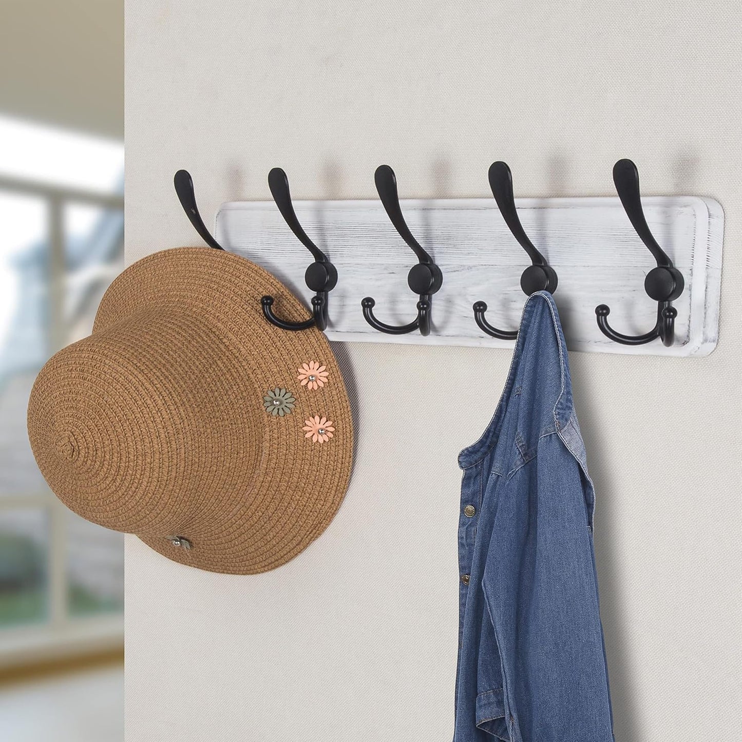 Dseap Coat Rack Wall Mounted - 5 Tri Hooks, Heavy Duty, Wooden Wall Coat Hanger Coat Hook for Clothes Hat Jacket Clothing, White & Black, Pack of 2