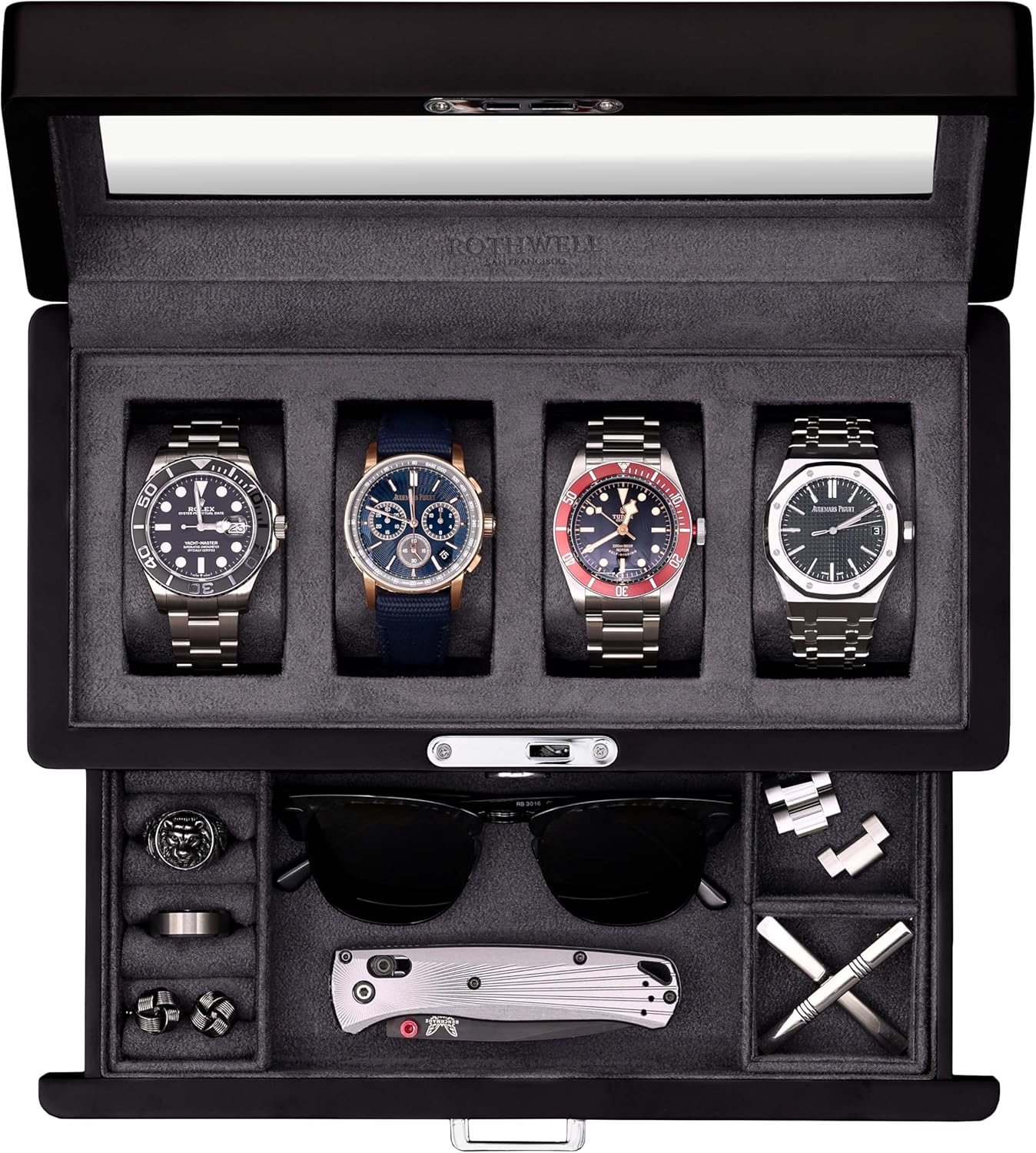 ROTHWELL 4-Slot Matte Black Watch Box with Valet Drawer - Premium Jewelry Display Case Organizer with Locking Glass Top and Microsuede Liner for Men & Women (Carbon Interior)