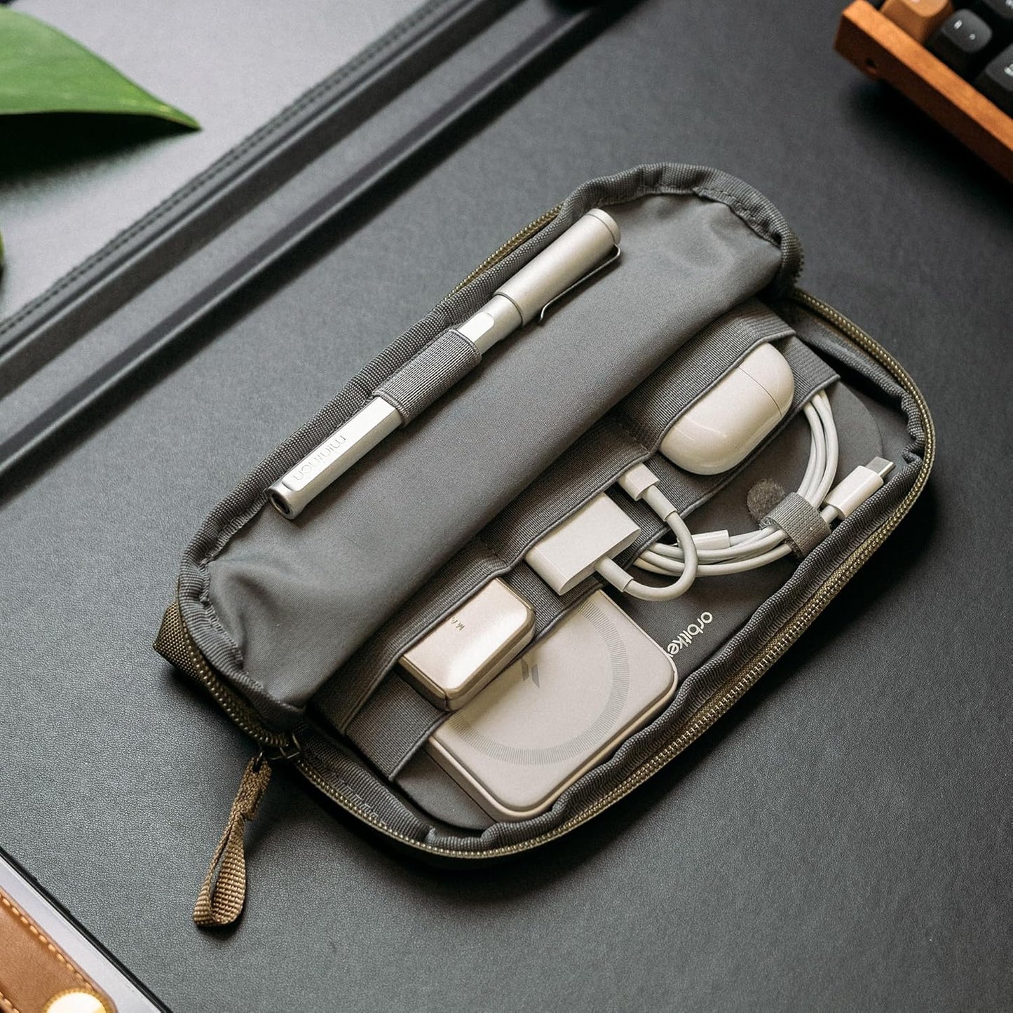 Olive Expandable Desk Storage Pouch – Fold-Down Access Panel, Pen Loop, Recycled Water-Resistant Material – Self-Standing Organizer for Office, Travel, Tech Gear