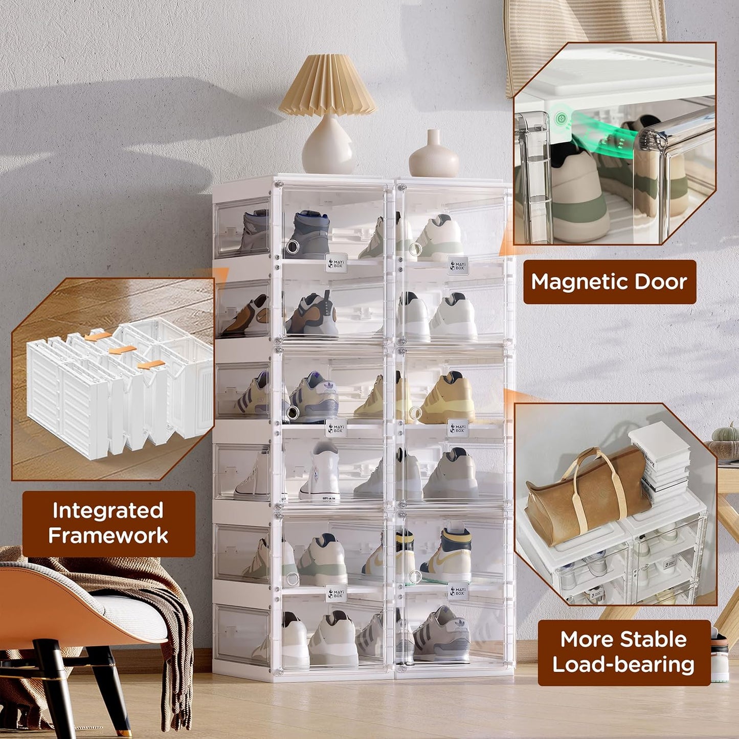 ANTBOX Foldable Shoe Rack,Shoe Organizers for Closet Plastic Shoe Storage Box Space Saving for Entryway, Large Sturdy Stackable Sneaker Cabinet Bins with Magnetic Clear Door 6 Tiers 12 Pairs