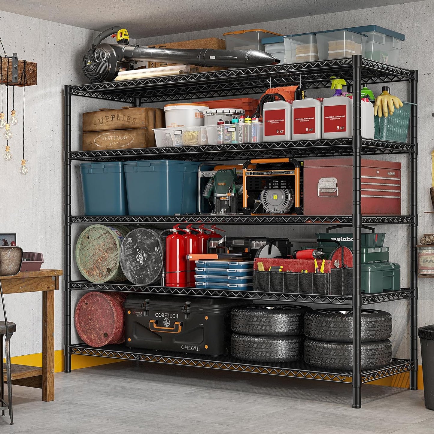 REIBII 85.7"H Garage Shelving 2998LBS Storage Shelves with Wheels&Feet,5 Tier Garage Shelves Heavy Duty Adjustable Wire Shelving for Basement Commercial Industrial Pantry, 85.7"H X 55.5"W X 24.2"D