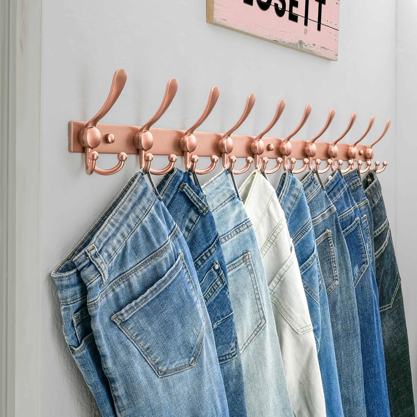 Dseap MaxStrong 2.0 Coat Rack Wall - 37” Long 10 Tri Hooks - Ultra Heavy-Duty Stainless Steel Wall Mount Coat Hanger, Hook Rail for Clothes Hats Jacket Towels Rose Gold, Pack of 2