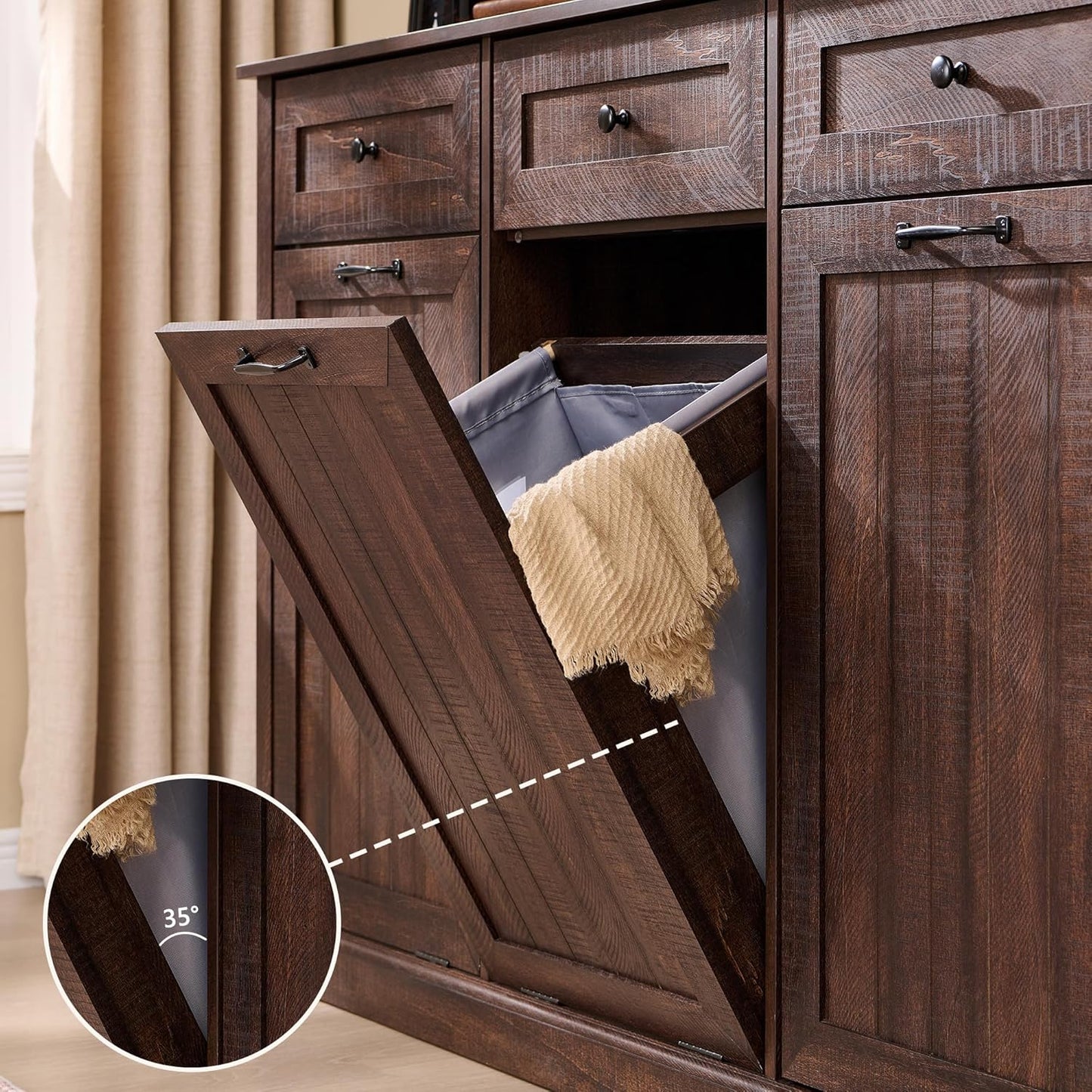 Triple Tilt Out Trash Can Cabinet, 20 Gallon Farmhouse Laundry Hamper Cabinet w/3 Drawers & Adjustable Shelf, Hidden Wooden Trash Can Cabinets with Storage Basket for Kitchen (Brown)