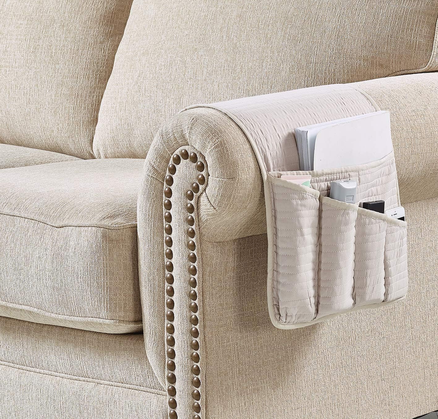 Brilliant Sunshine Premium Beige Sofa Armrest 5 Pockets Organizer, Couch Recliner Chair Caddy, 1/2" Channel Quilted, Washable Remote Controls Holder, Storage for Magazine, Tablet, 35×13", Light Beige