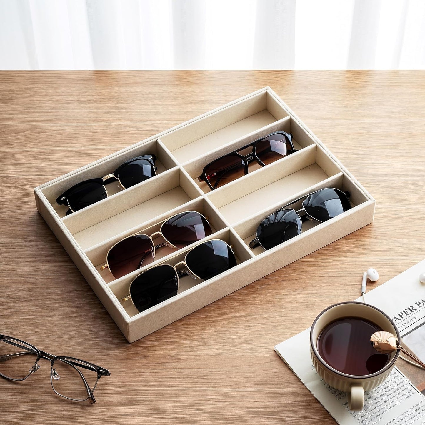 pickpiff Drawer Sunglass Organizer & Display Tray: 1 Pcs 8 Grids Velvet Scratch-Free Eyeglasses Case (13.8x9.4x1.6inch) - Soft Beige Glasses Storage Holder Box for Men & Women