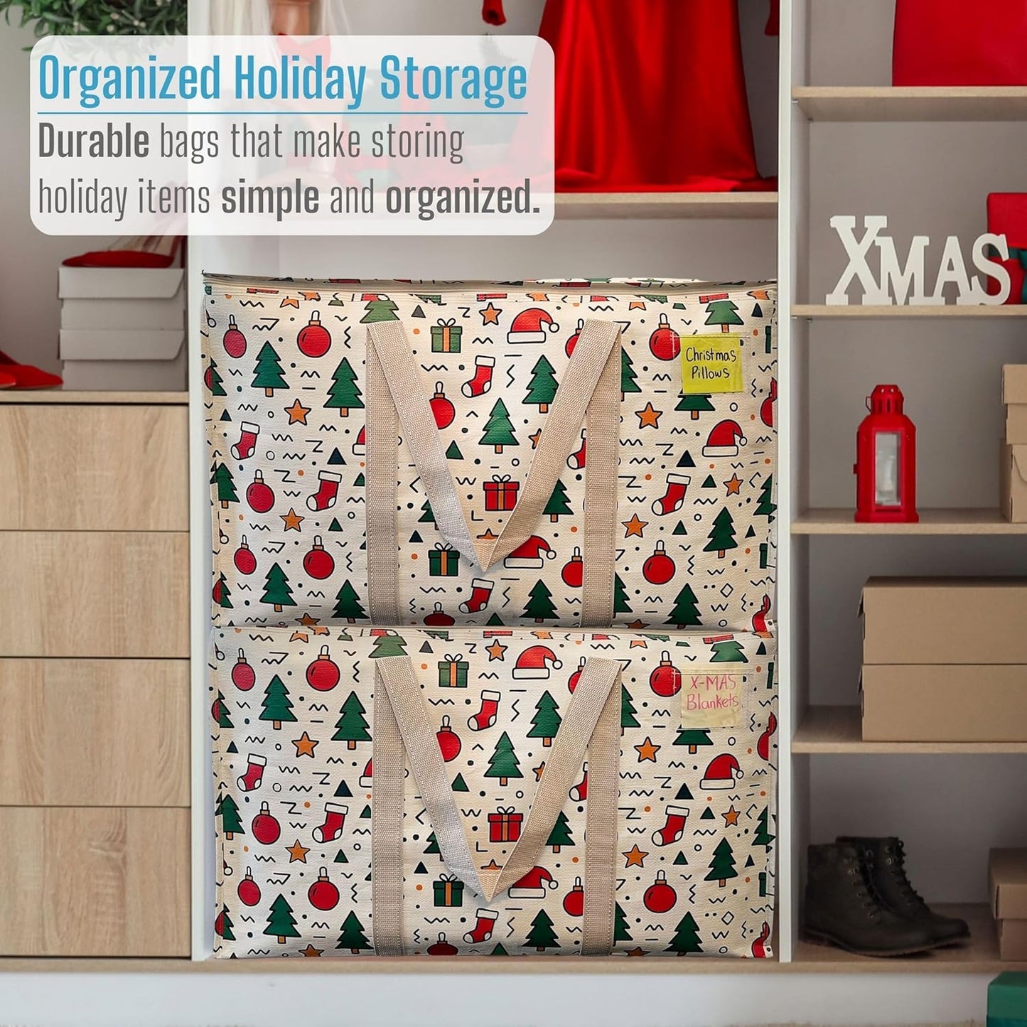 VENO 6 Pack Moving Bags and Large Christmas Storage Bins with lids. Alternative to Moving Boxes, Packing Supplies for College. Extra Large Heavy Duty Totes for Packaging (Jingle Mix, 6 Pack)