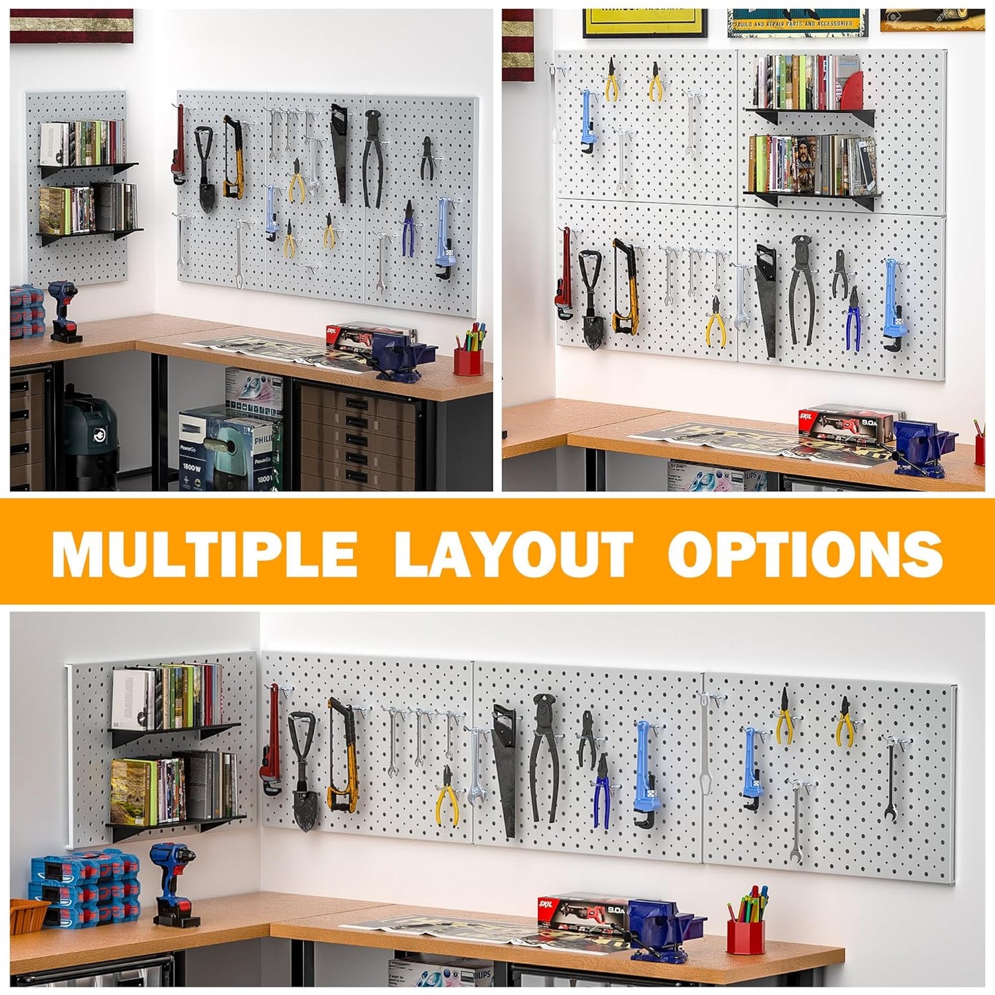 Pegboard Smith Metal Pegboard Panels, 16" x 12" Heavy-Duty Steel Peg Boards for Garage Tool Storage, Wall-Mounted Pegboard Organizer System (Pack of 4, Gray)