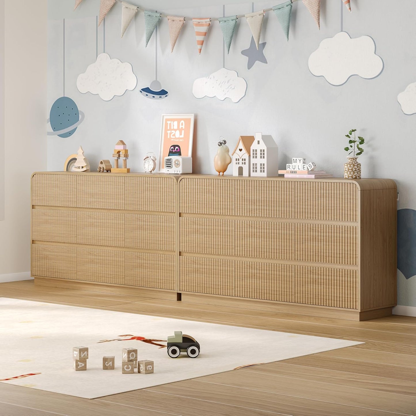 Dresser for Bedroom with 9 Drawers, Fluted Chest of Drawers with Round Curved Corner, Hidden Handles, Modern Wood Storage Organizer for Bedroom, Nursery, Living Room