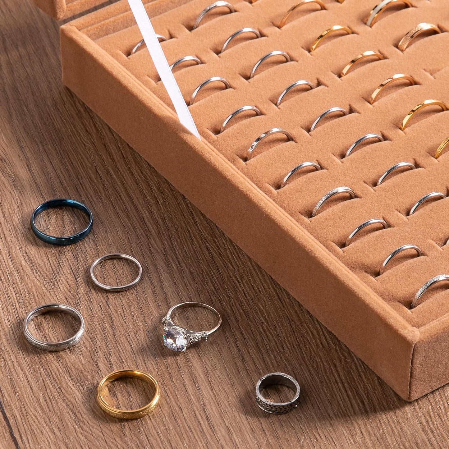 Frebeauty Ring Organizer Tray 100 Slots Ring Holder with Clear Lid Velvet Storage Box Jewelry Tray for Jewelry Store Earring Display Case for Jewelry Show Studs Box for WomenCamel