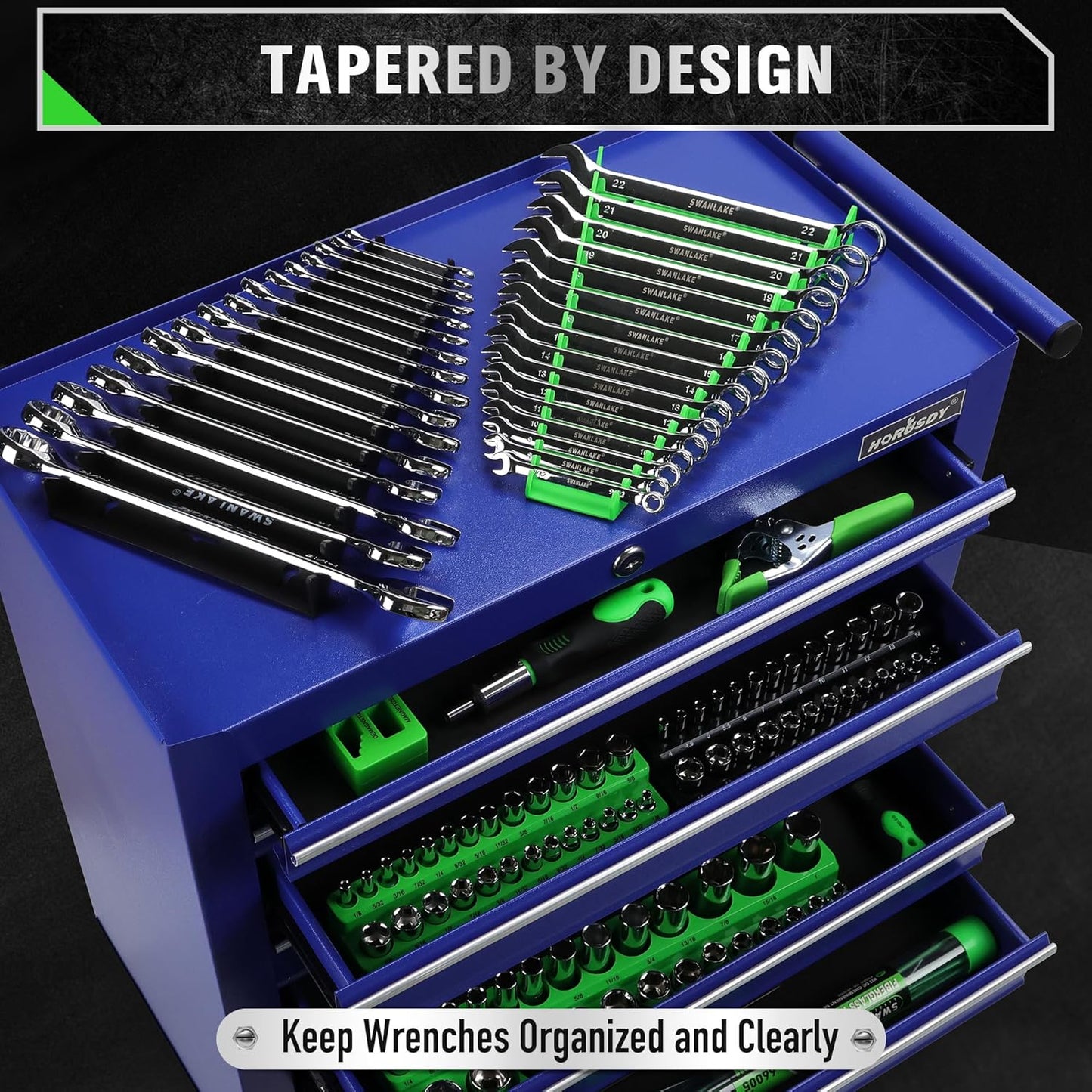 SWANLAKE GARDEN TOOLS Magnetic Wrench Organizer 2-Piece, 32-Slot Drawer Storage, SAE (1/4" to 1-1/16"), Metric (6mm to 24mm), Green and Black