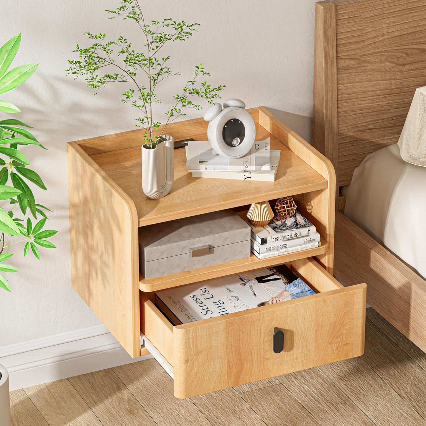 Floating Nightstand Set of 2, Modern Wall Mount Bedside Table with Drawer & Open Shelf, Space-Saving Night Stands with Charging Station, Natural Wood Finish for Bedroom