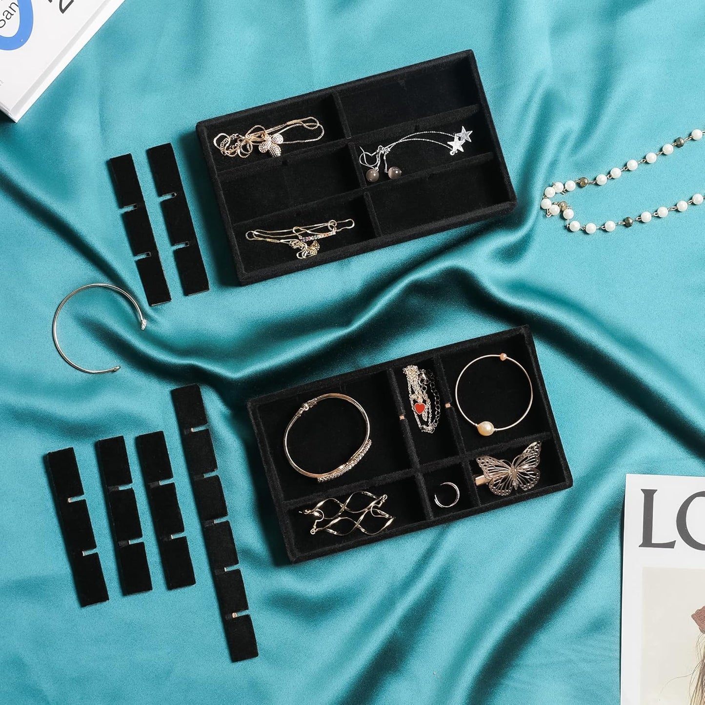 Frebeauty Jewelry Organizer Tray,Stackable Velvet Jewelry Trays,Drawer Inserts Earring Organizer For Women Jewelry Storage Display Case for Rings Stud Necklaces,Set of 6(Black)