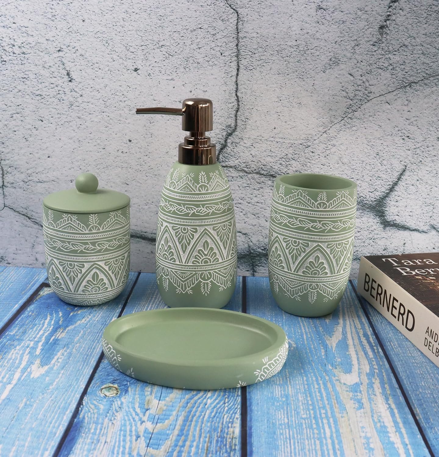 Hymmah Green Bathroom Accessories Set,Farmhouse Bathroom Decor,4 Pcs Resin Gift Set Apartment Necessities, Contain Cotton Swab Jar,Soap Dispenser,Tumbler,Soap Dish/Tray