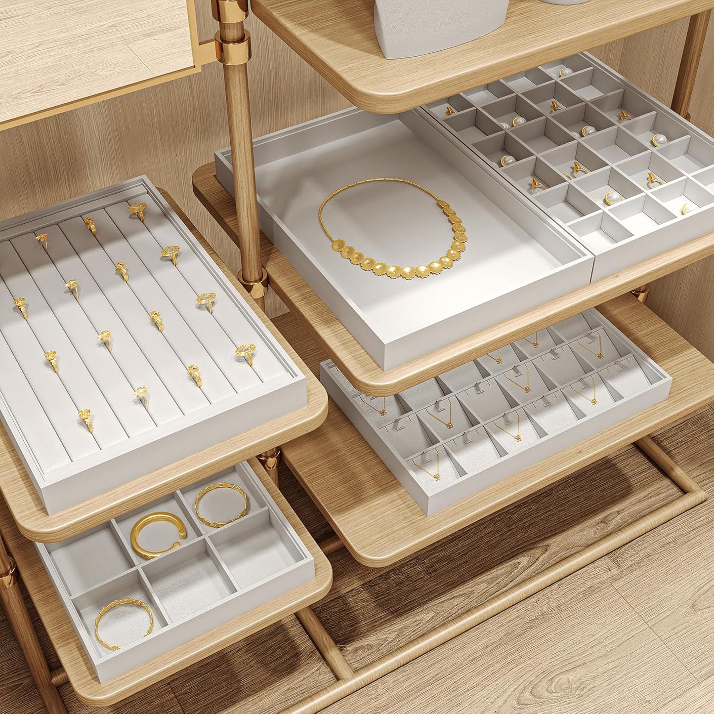 Oirlv Premium White Leather Stackable Jewelry Tray 24 Grid Jewelry Drawer Organizer Trays Rings Earrings Storage