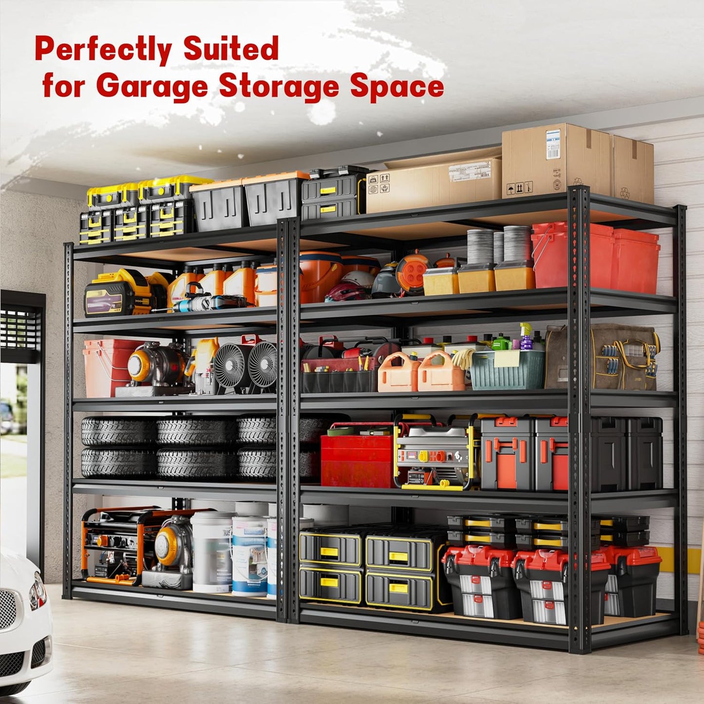 40" W Garage Shelving 2250LBS Storage Shelves Adjustable Metal Shelving 5 Tier Garage Utility Rack Shelf for Warehouse, Pantry, Closet, Kitchen 72.2" H x 40" W x 20" D, Black
