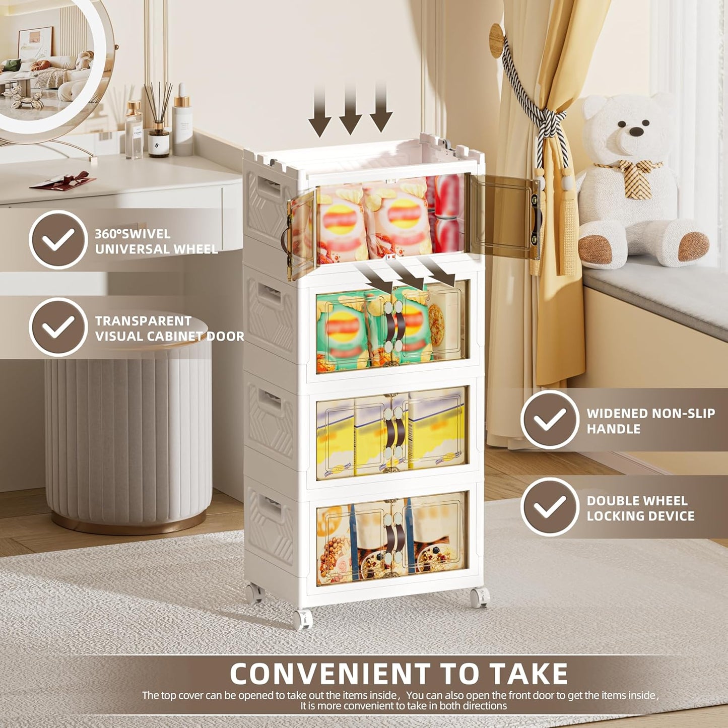 104 QT / 26 Gal Multi-Purpose Stackable Storage Cabinet: Double Magnetic Doors, Foldable, Wheels Included, Leather Handles - Ideal for Pantry, Laundry Room, Dorm