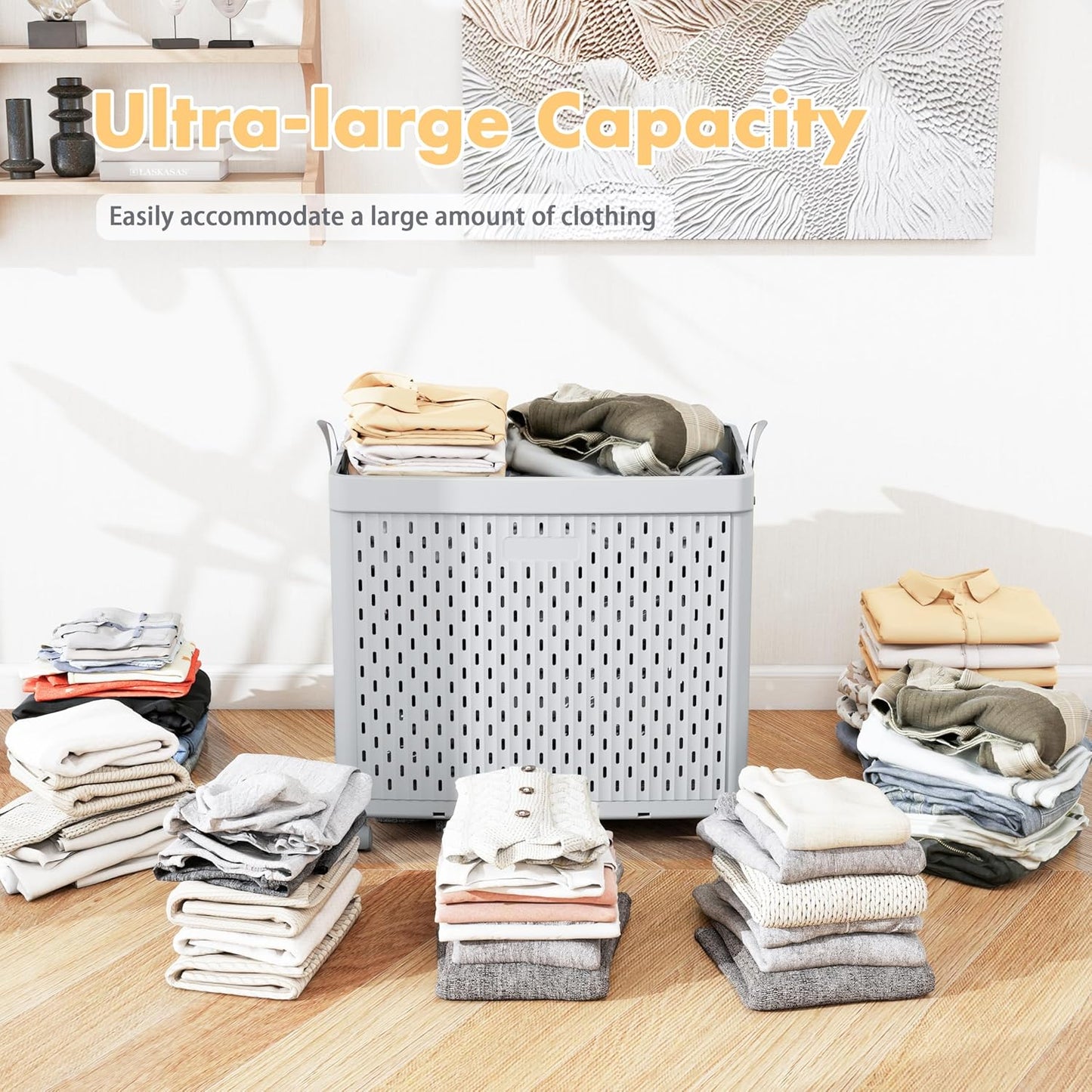 UAK Laundry Basket with Wheels, Collapsible Plastic Laundry Hamper with Handle, Foldable Laundry Basket Organizer for Laundry and Bathroom Light Grey, XXXXL (110L)