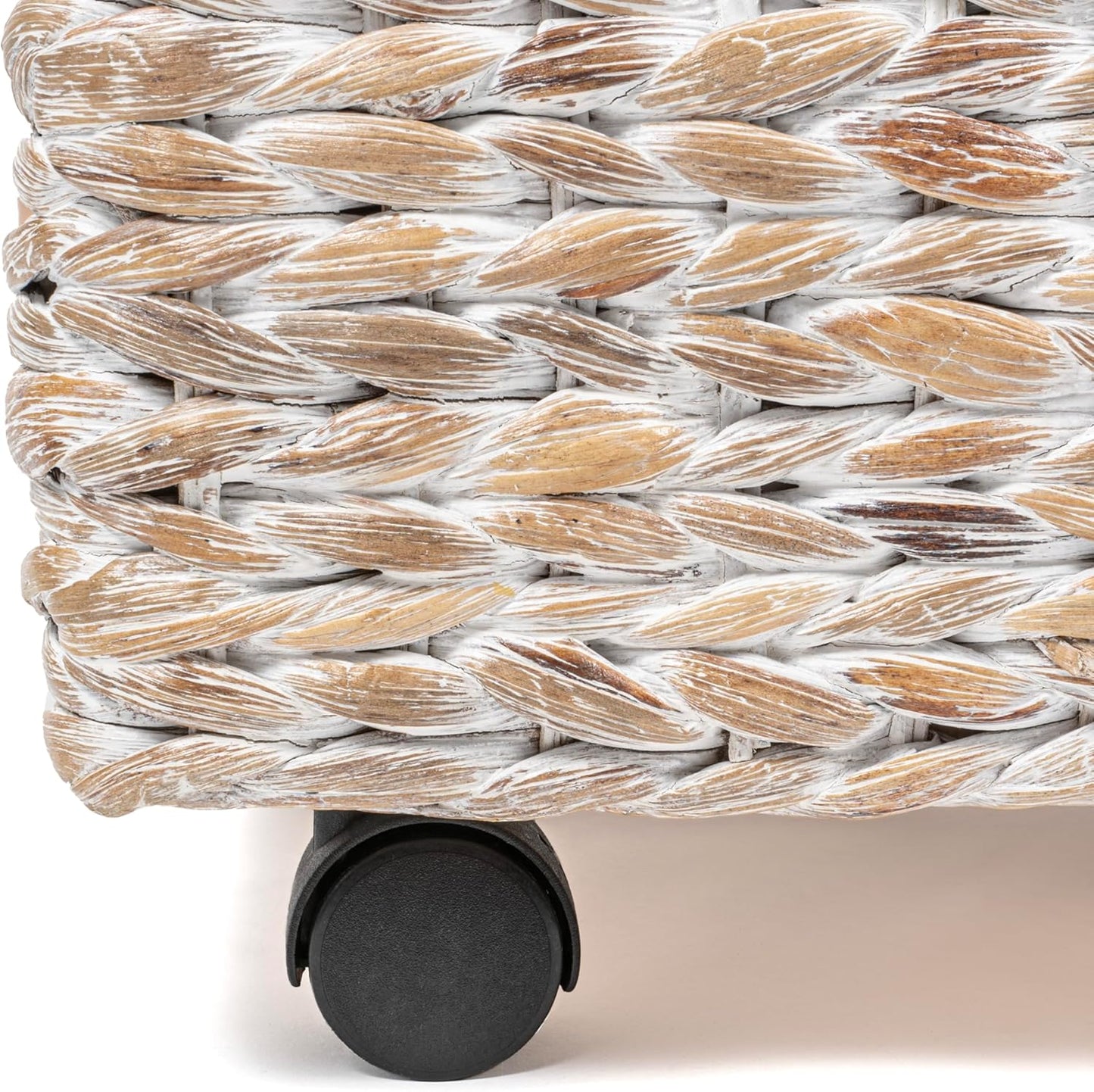 happimess BSK1006C 26.38" Chett Minimalist Hand-Woven Hyacinth/Wood Underbed Storage Bin with Wheels and Handles for Storage and Decoration in Bathroom, Bedroom, Closet,Entryway,Guest Room, White Wash