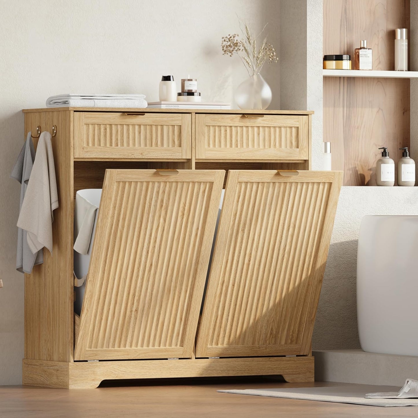 2 x 13 Gallons Double Tilt Out Trash Can Cabinet, Wooden Fluted Trash Garbage Can Cabinet with 2 Drawers, Hidden Laundry Hamper with Hooks for Kitchen Living Room, Natural Oak