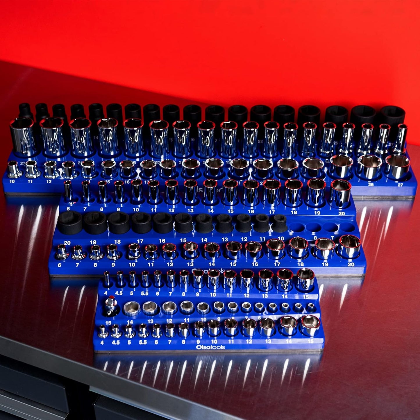 Olsa Tools Magnetic Socket Organizer (1/4-Inch Drive, 3 Row) - Magnetic Tool Organizer & Holder - Metric Blue - Holds 42 Sockets - Professional Grade - Part: 1554