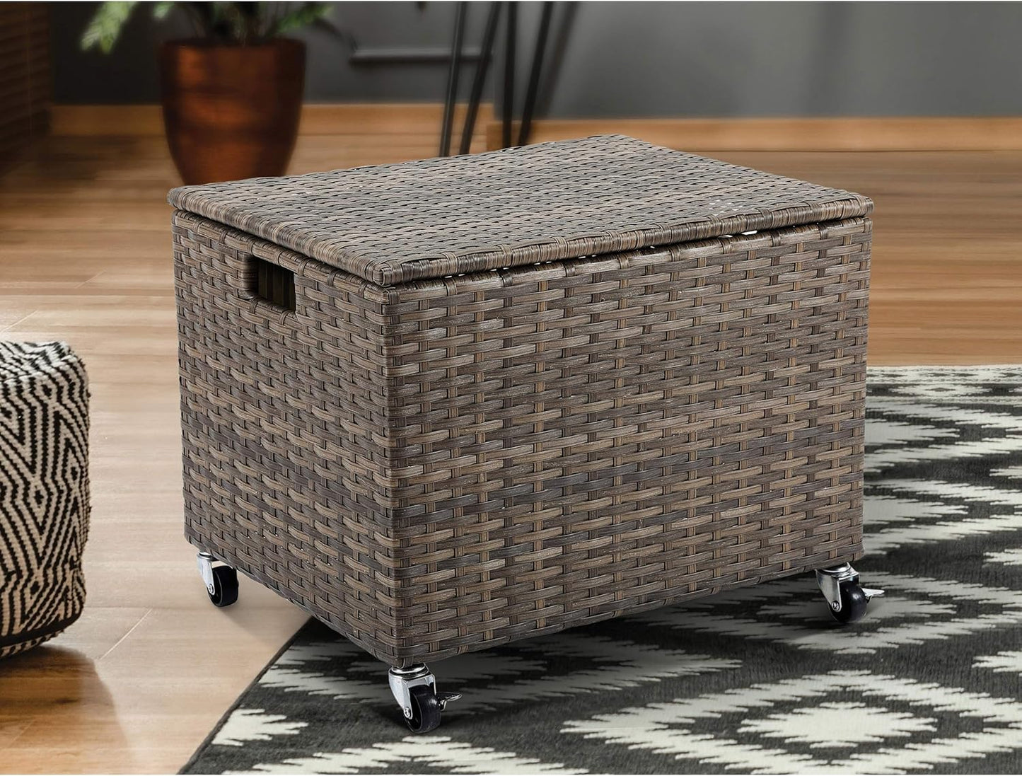 BIRDROCK HOME Rolling File Box - Storage Cabinet with Wheels - Weatherproof Rattan-Style Resin Deck Chest for Garden, Home and Office - Organize Cushions, Toys, and Accessories - Storage Box - Tan