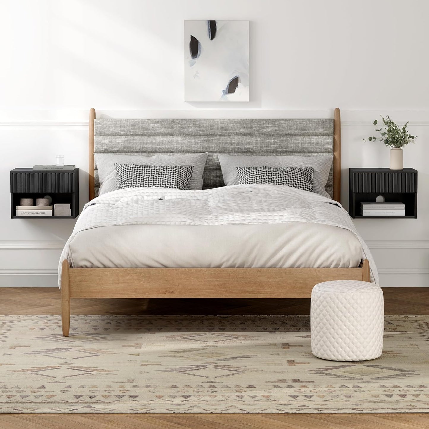 Floating Nightstands Set of 2 with Drawer and Open Shelf, Small Wall Mounted Bedside End Table, Modern Fluted Night Stand for Bedroom, Living Room, Black