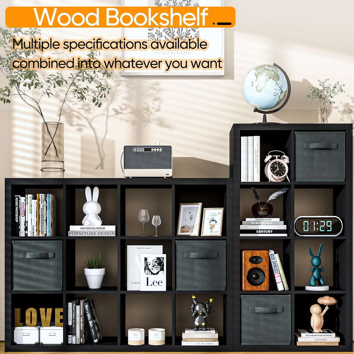 Bookshelf with Storage Bin, 4-Cube Storage Organizer, Modern Wood Open Bookcase, Multifunctional Display Shelf for Living Room, Bedroom, Home Office, Black