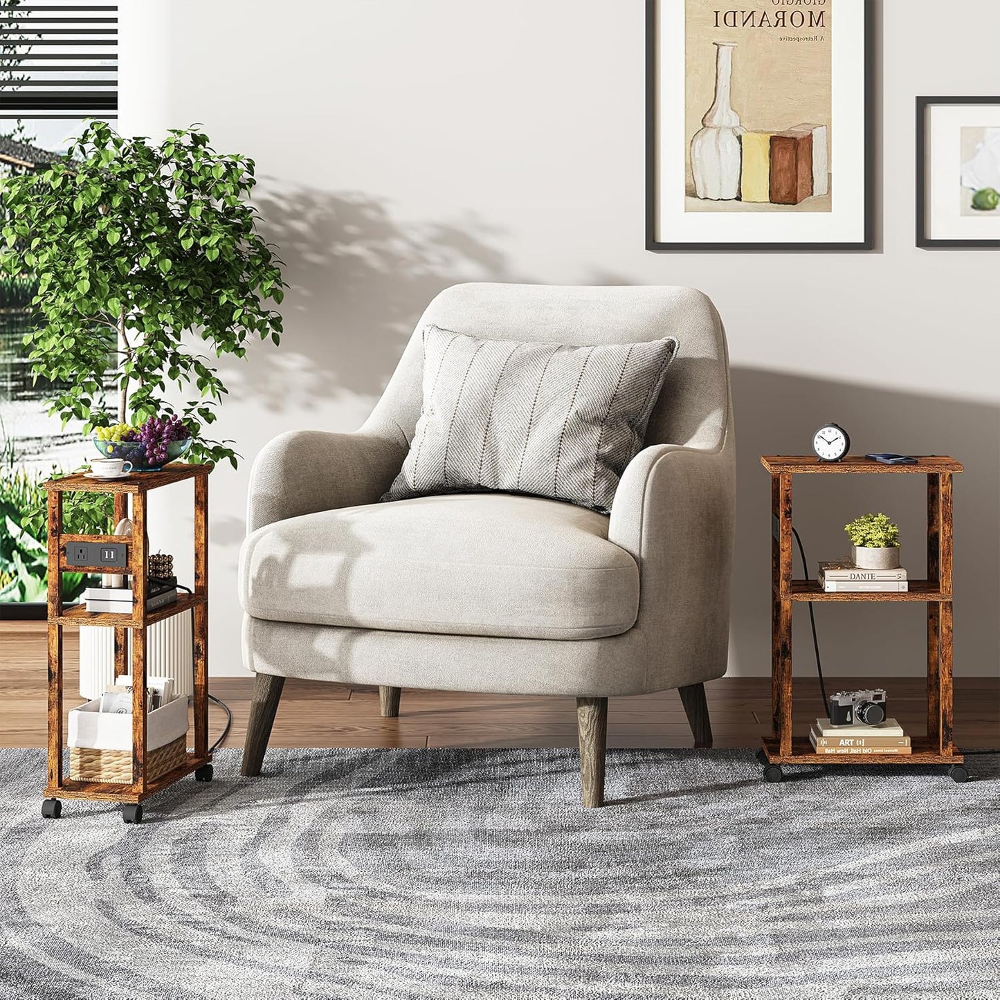 TUTOTAK Small Narrow Side Table with Charging Station, Skinny End Table for Small Spaces, Slim Nightstand with USB Ports and Outlet, Sofa Beside Table with Wheels, Rustic Brown TB01BB046C