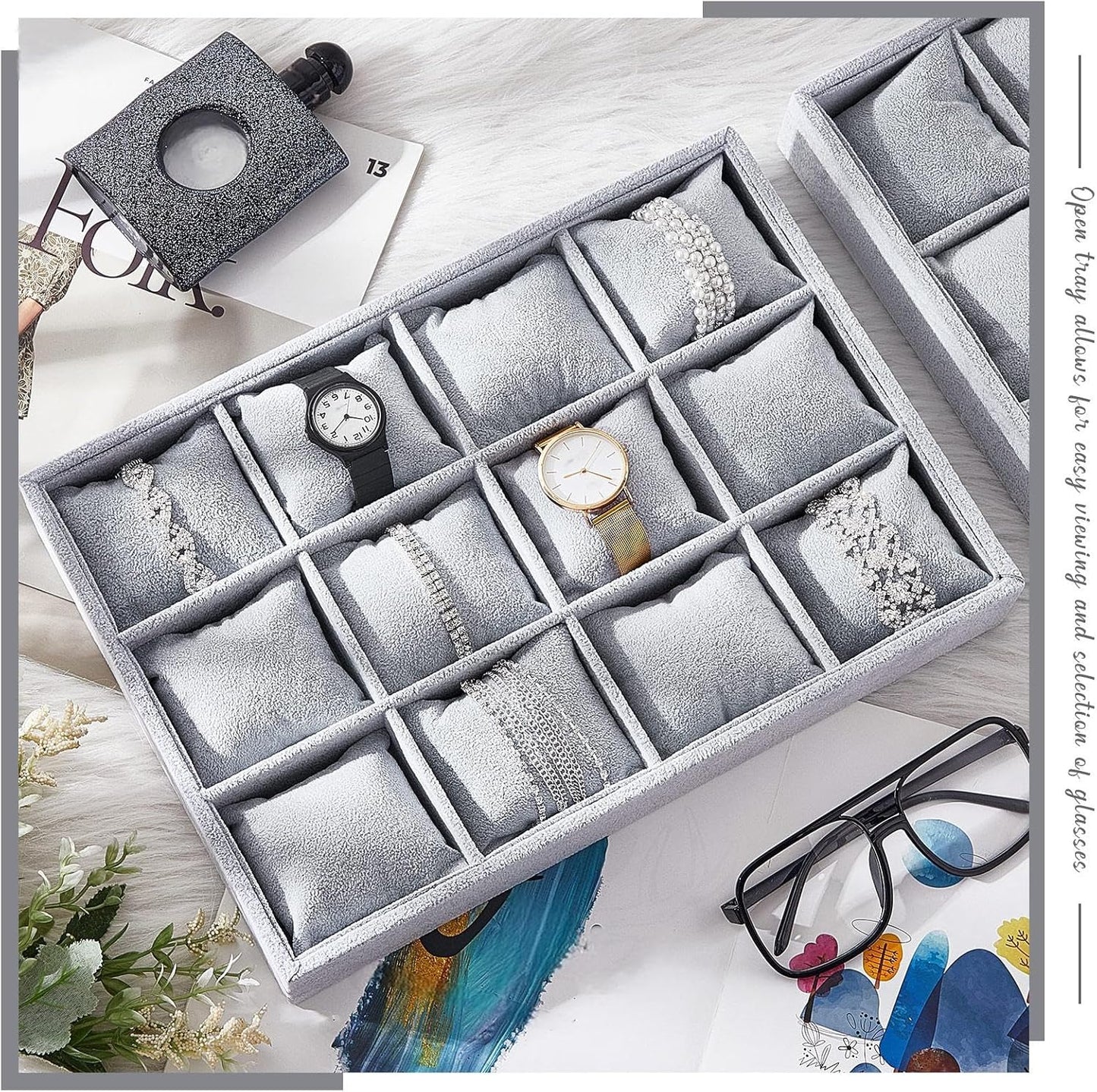 Henoyso 2 Pieces 12 Grid Velvet Watch Tray Jewelry Organizer Stackable Watch Bracelet Bangle Display Holder Adjustable Pillow (Gray)