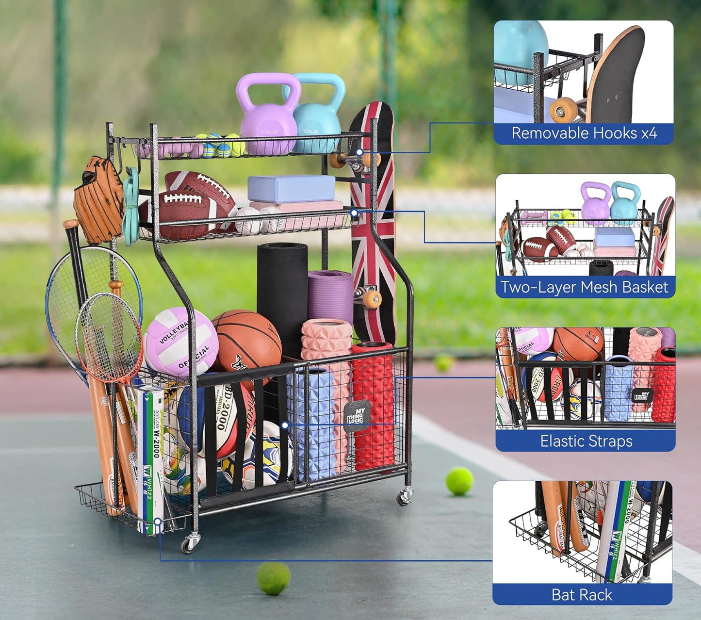 Mythinglogic Garage Sports Equipment Organizer, Baseball Storage Large Capacity, Sports Organizer for Garage with Hooks and Baskets, Ball Storage Rack for Football, Soccer Ball, Bat, Toys