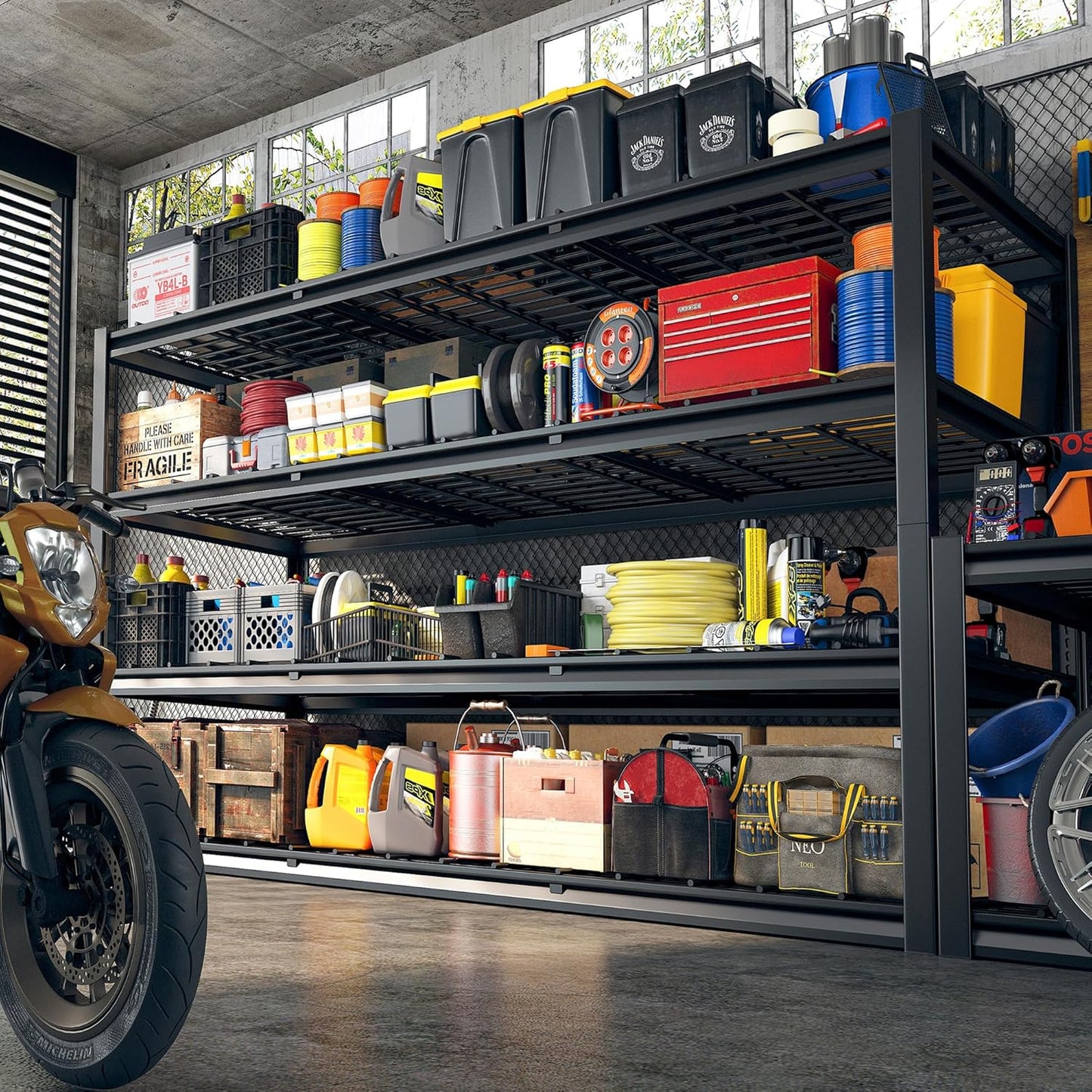 REIBII 60" W Garage Shelving, 4 Tier Storage Shelves Heavy Duty, 2500LBS Industrial Shelf, Adjustable Metal Shelving for Garage, Warehouse, School, Commercial, Business, 60" W x 60" H x 24" D