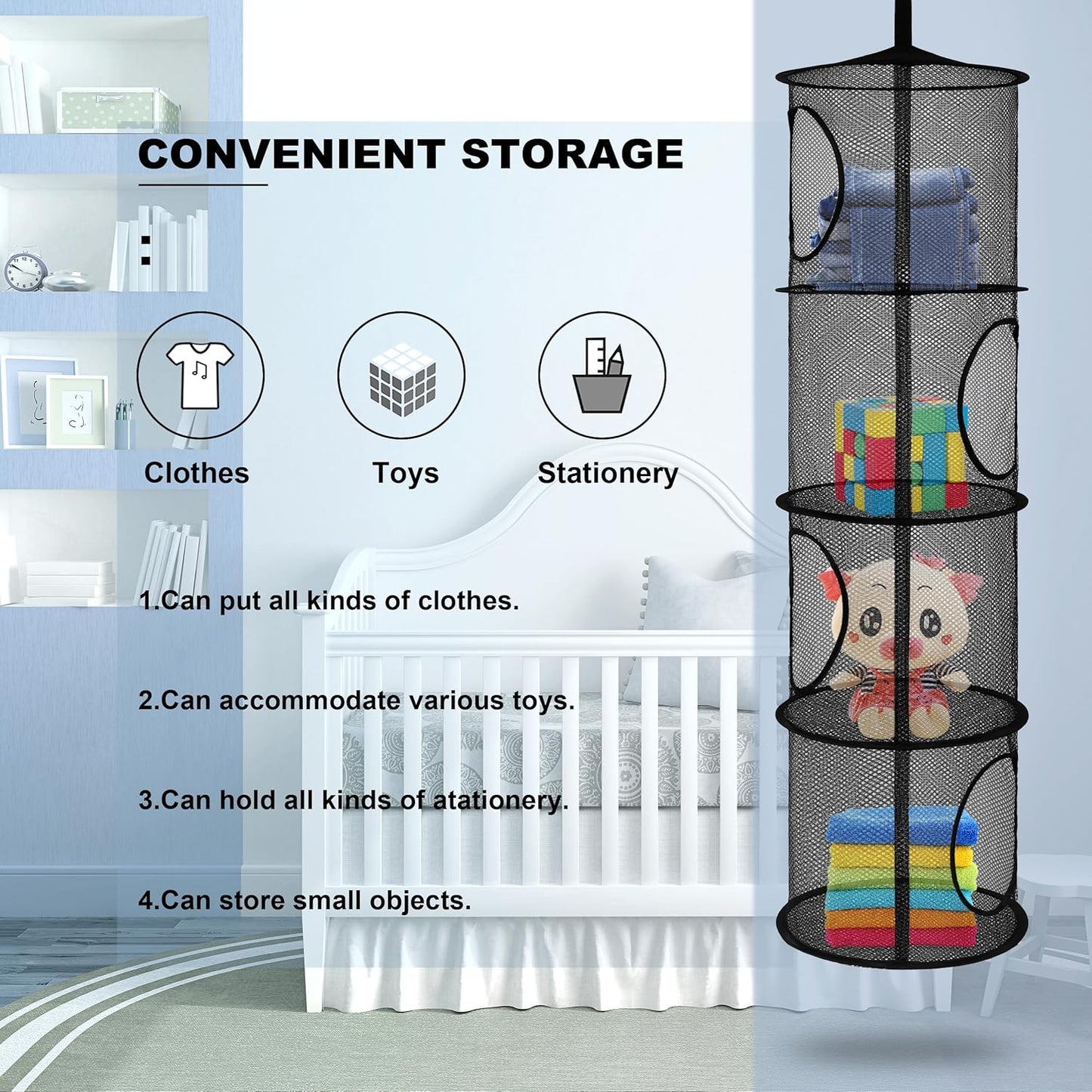 Libeder Mesh Hanging Storage Space Saver Bags Organizer,Foldable Storage Organizer 4 Compartments Toy Storage Basket for Kids Room Bathroom 2 Sets, Black
