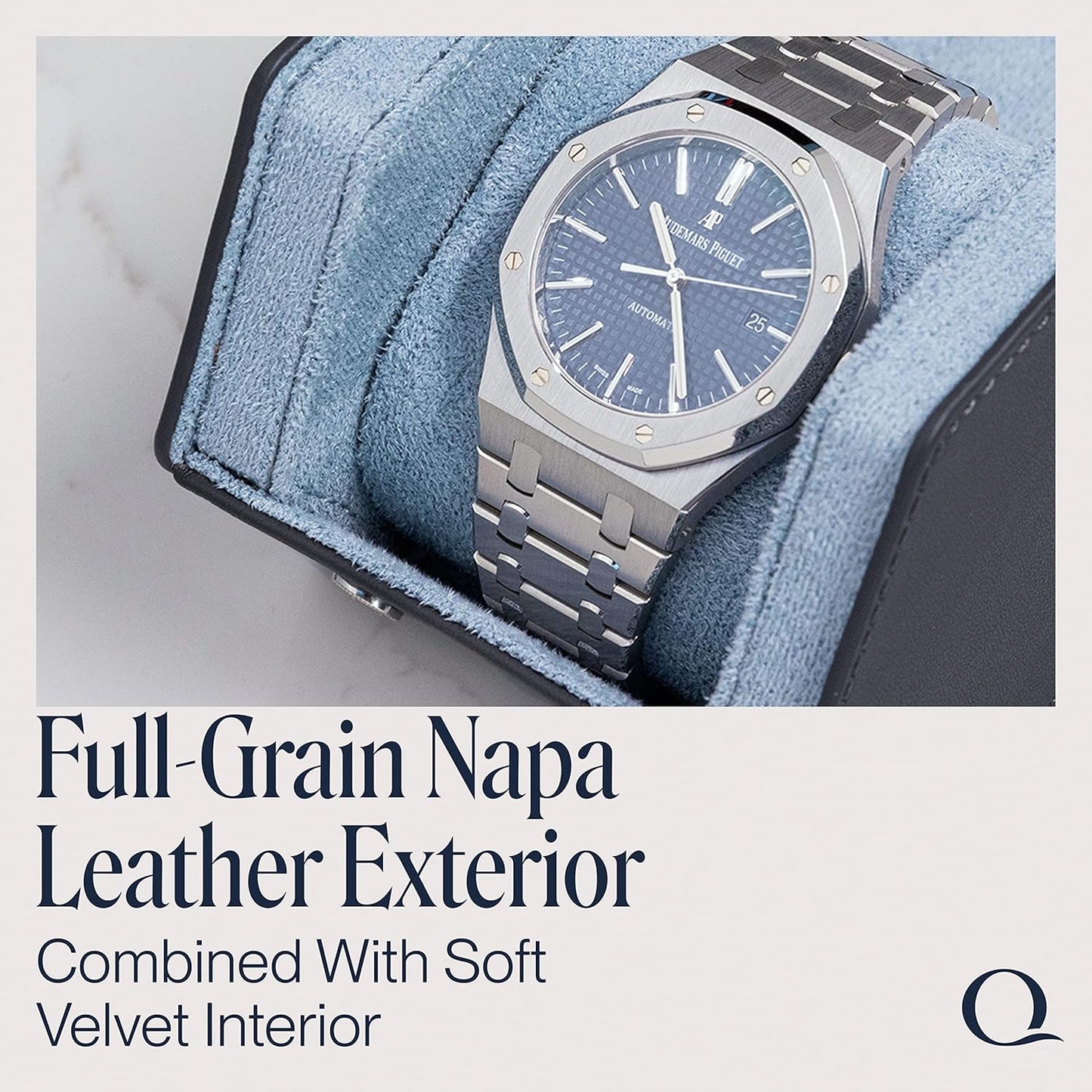 QWATCHBANDS Leather Watch Cases for Men - Hexagon Single & Double Watch Roll Travel Case - Genuine Napa Leather with Velvet Interior - Storage & Display Holder 1 or 2 Watches