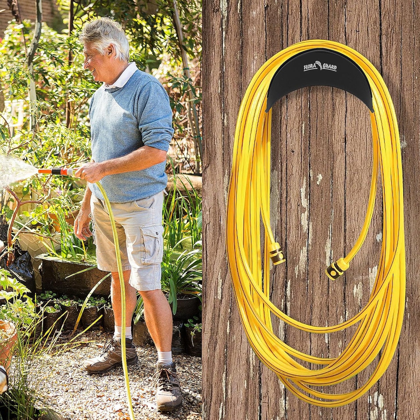 FLORA GUARD Garden Hose Holder, Heavy-Duty Hose Hanger, Holds Up to 125 ft, Garden Rack Wall Mount for Outside, Rust and Slip Resistant, Black