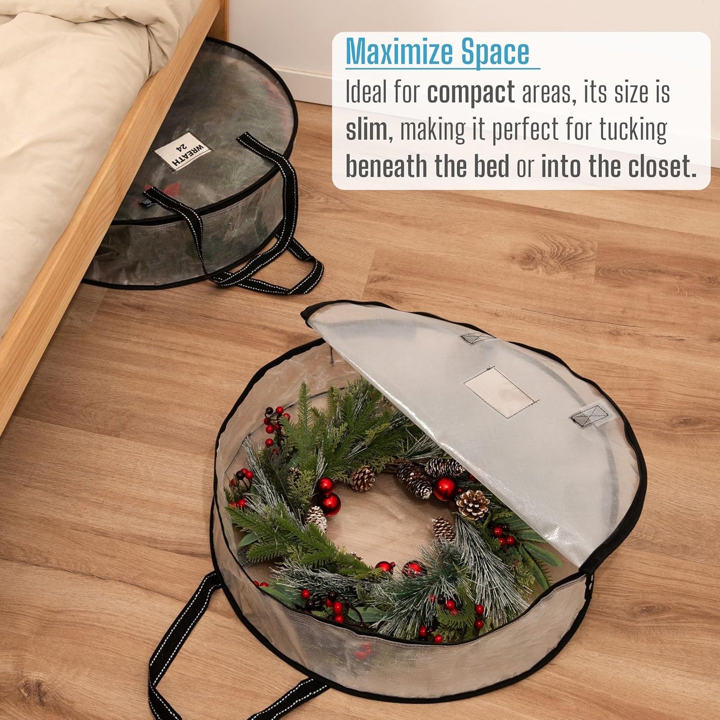 VENO 2 Pack Christmas Wreath Storage Container - 24 Inch Clear Wreath Bag, Christmas Garland and Holiday Decoration Organizers with Zipper and Durable Handles (Clear, 24"-2 Pack)