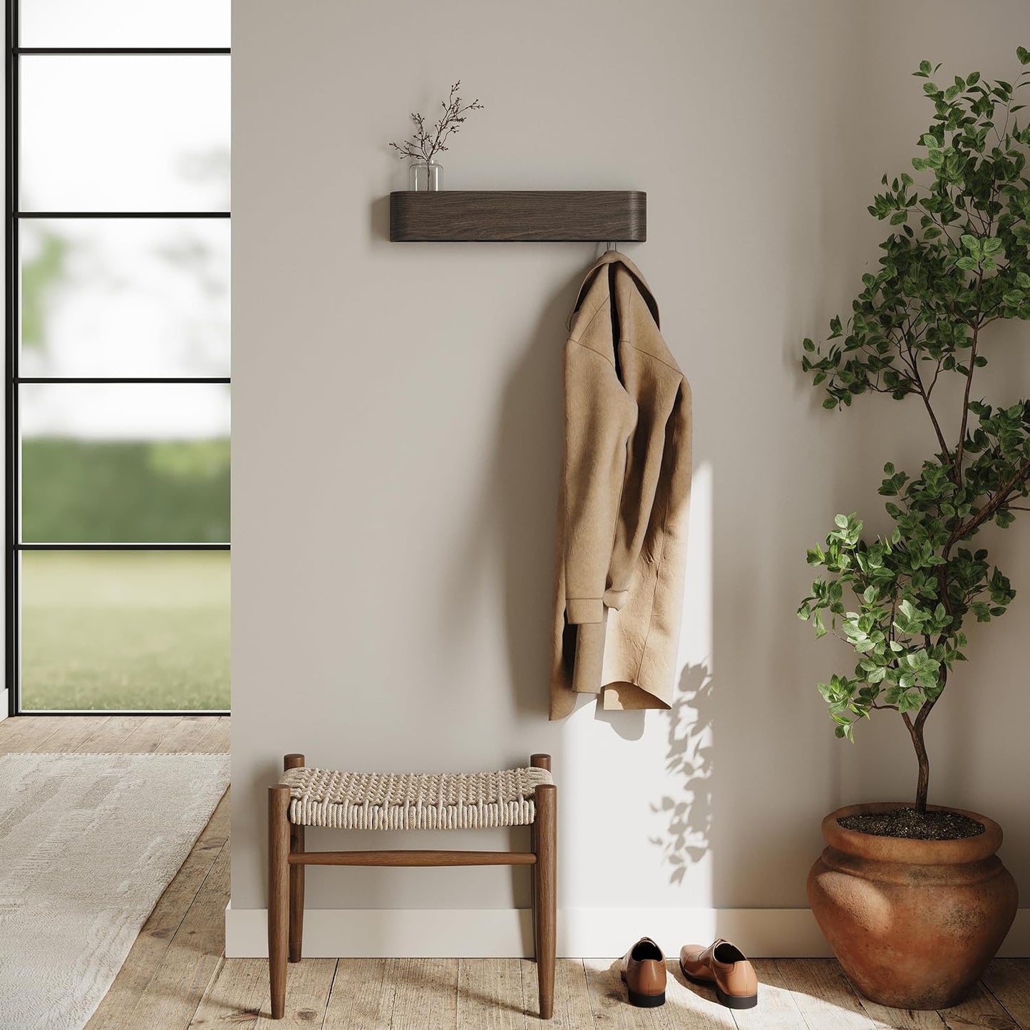 Kazai. Wall-Mounted Coat Rack 'Toke' - Modern Design Coat Rack with Hidden Wall Hooks - Solid Wood Veneer Panel Coat Hanger - Oak, Dark
