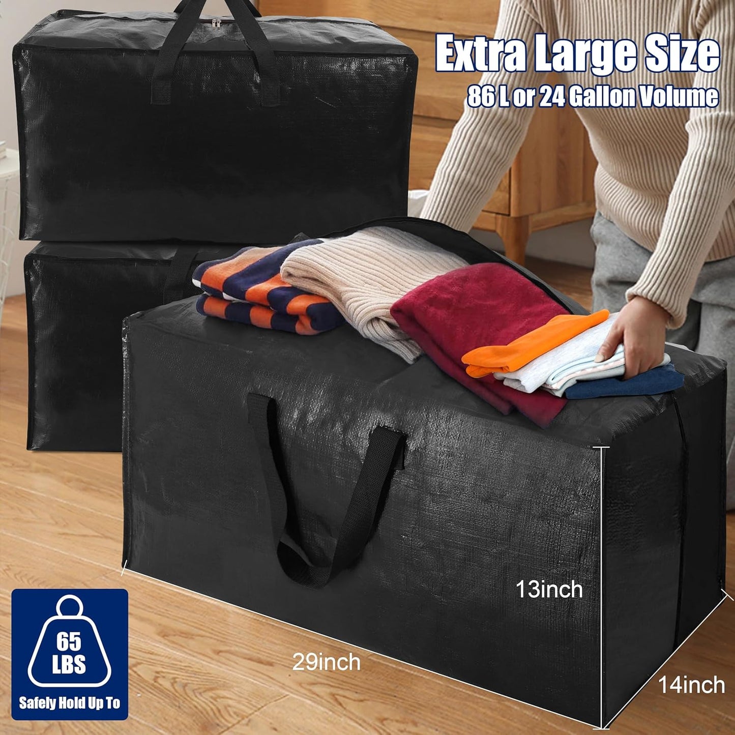 Cosy Family 4 Pack Heavy Duty Extra Large Moving Bags with Backpack Straps - Strong Handles & Zippers, Storage Totes For Space Saving, Fold Flat, Alternative to Moving Box (Set of 4, Black)