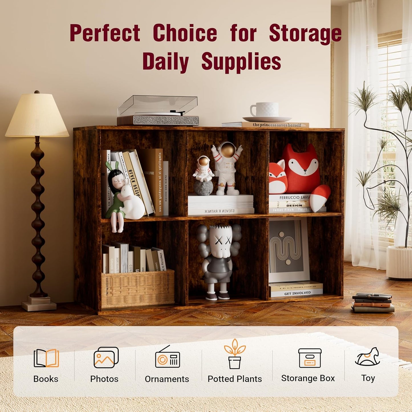 Book Shelf, Wooden Cube Storage Organizer with 11" Open Cubes, Stackable Bookcase for Room Divider Storage, 2 Tier Bookshelf for Living Room, Bedroom, Office (Indonesian Antique Oak, 6-Cube)