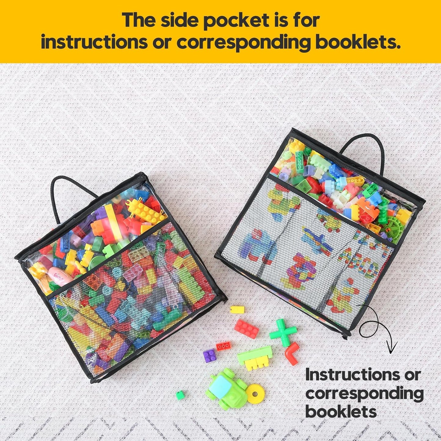 10 PCS Clear Zippered Toy Storage Bags with handle, Kids Toy Storage Organizer with Mesh Pocket for Instructions, Playroom Toy Organizer Plastic Storage Bags for Blocks Set Puzzles,Small Toys