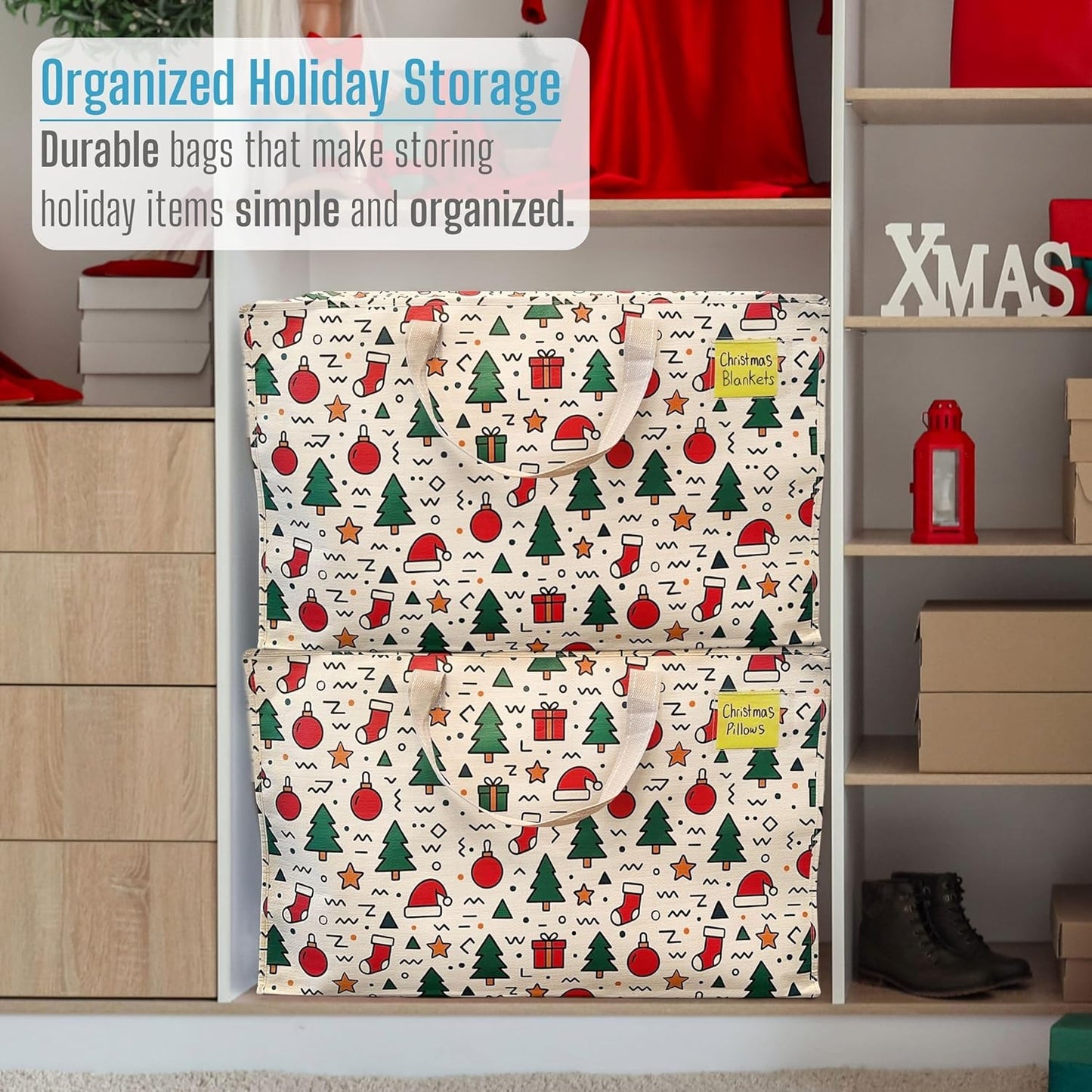 VENO 6 Pack Moving Bags and Large Christmas Decoration Storage Bins with lids. Alternative to Moving Boxes, Packing Supplies for College. Heavy Duty Totes (Jingle Mix, 6 Pack)