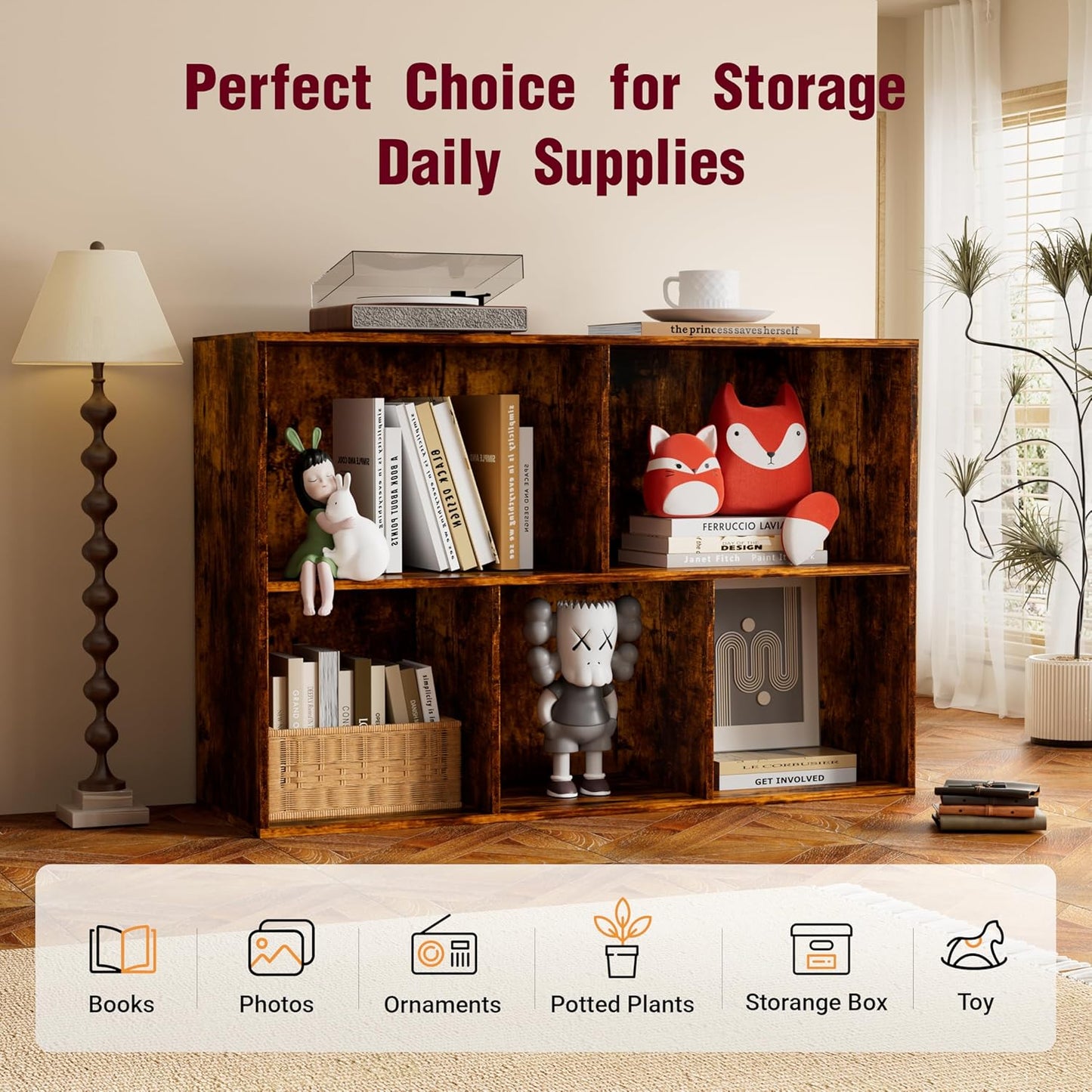 Book Shelf, Wooden Cube Storage Organizer with 11" Open Cubes, Stackable Bookcase for Room Divider Storage, 2 Tier Bookshelf for Living Room, Bedroom, Office (Indonesian Antique Oak, 5-Cube)